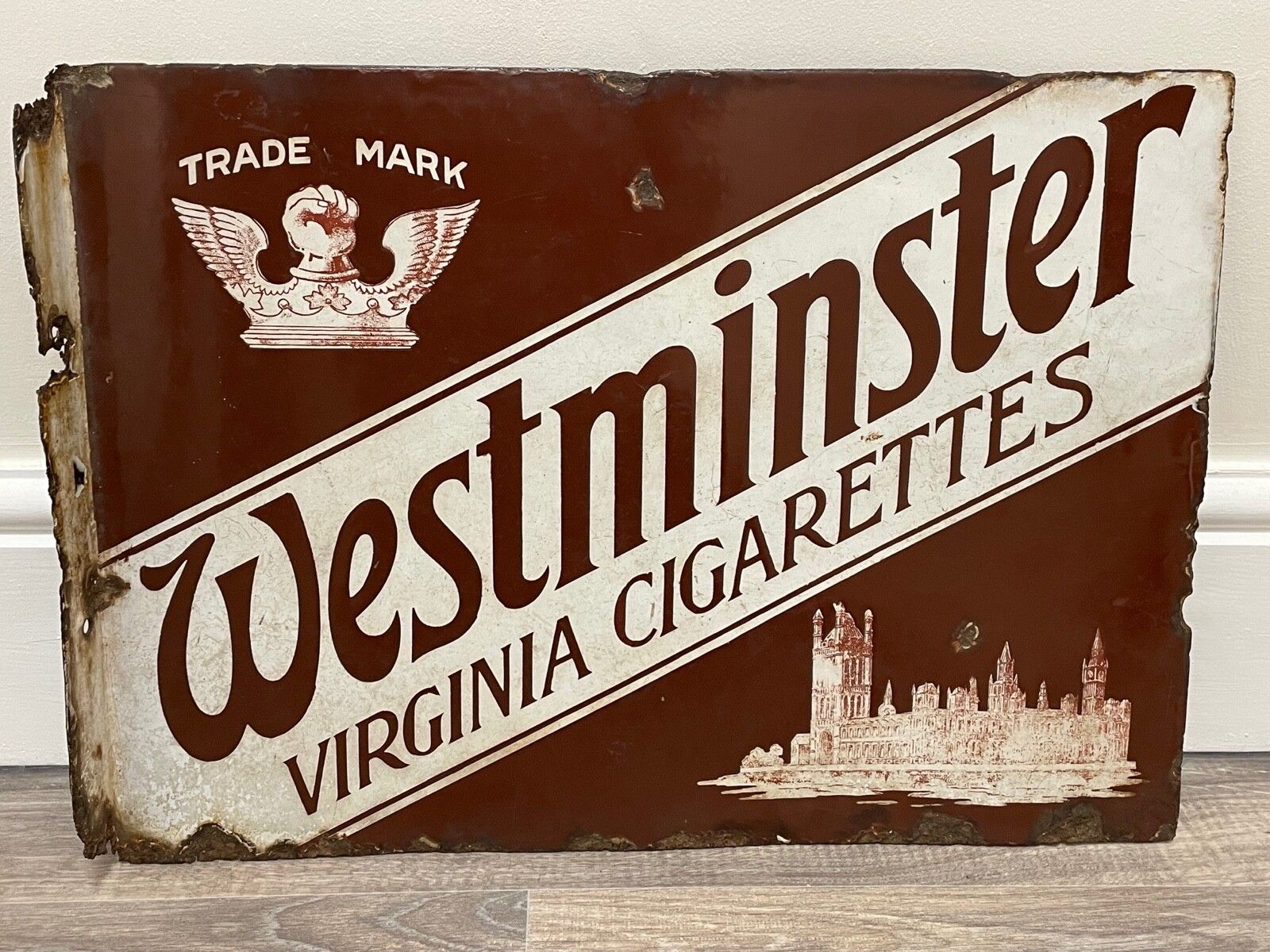 Early 20th Century Double Sided Enamel Westminster Virginia Cigarettes Wall Sign photo furniture
