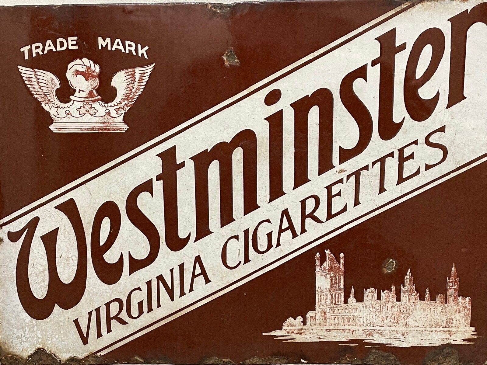 Early 20th Century Double Sided Enamel Westminster Virginia Cigarettes Wall Sign photo for sale