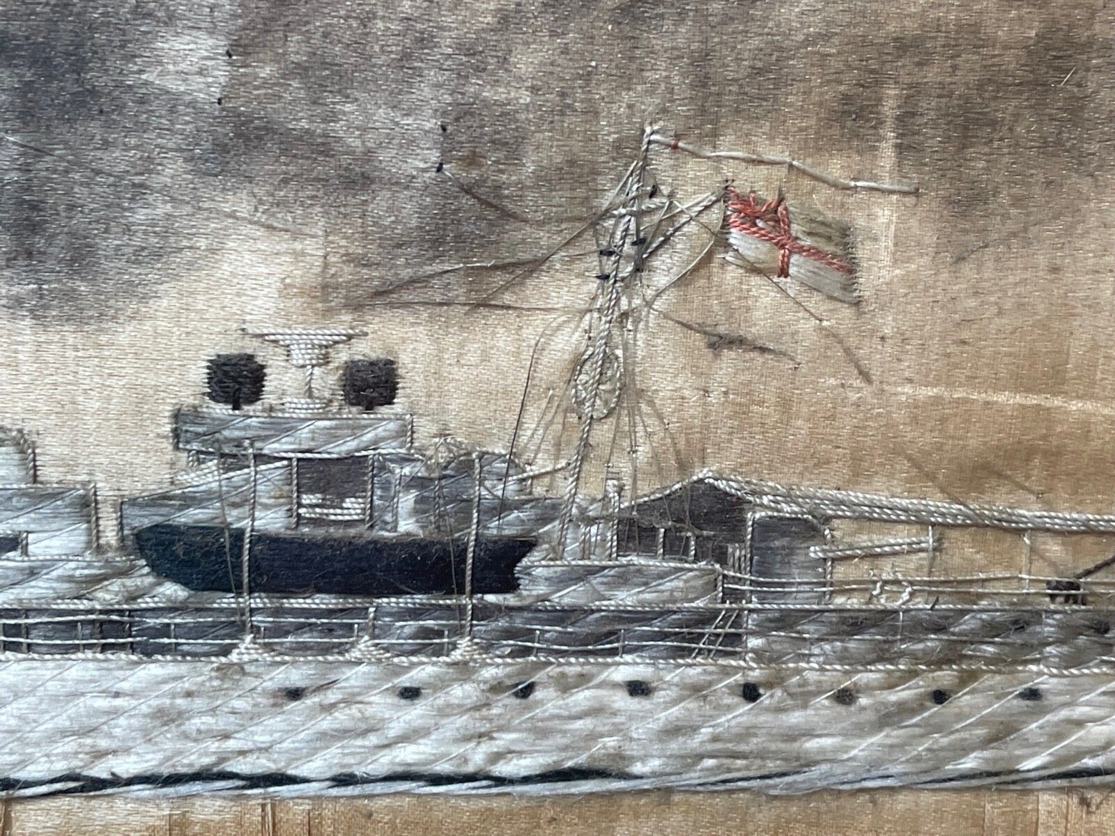 Antique Marine Silk Embroidery Ww1 Royal Navy Light Cruiser Ship Hms Concord photo furniture