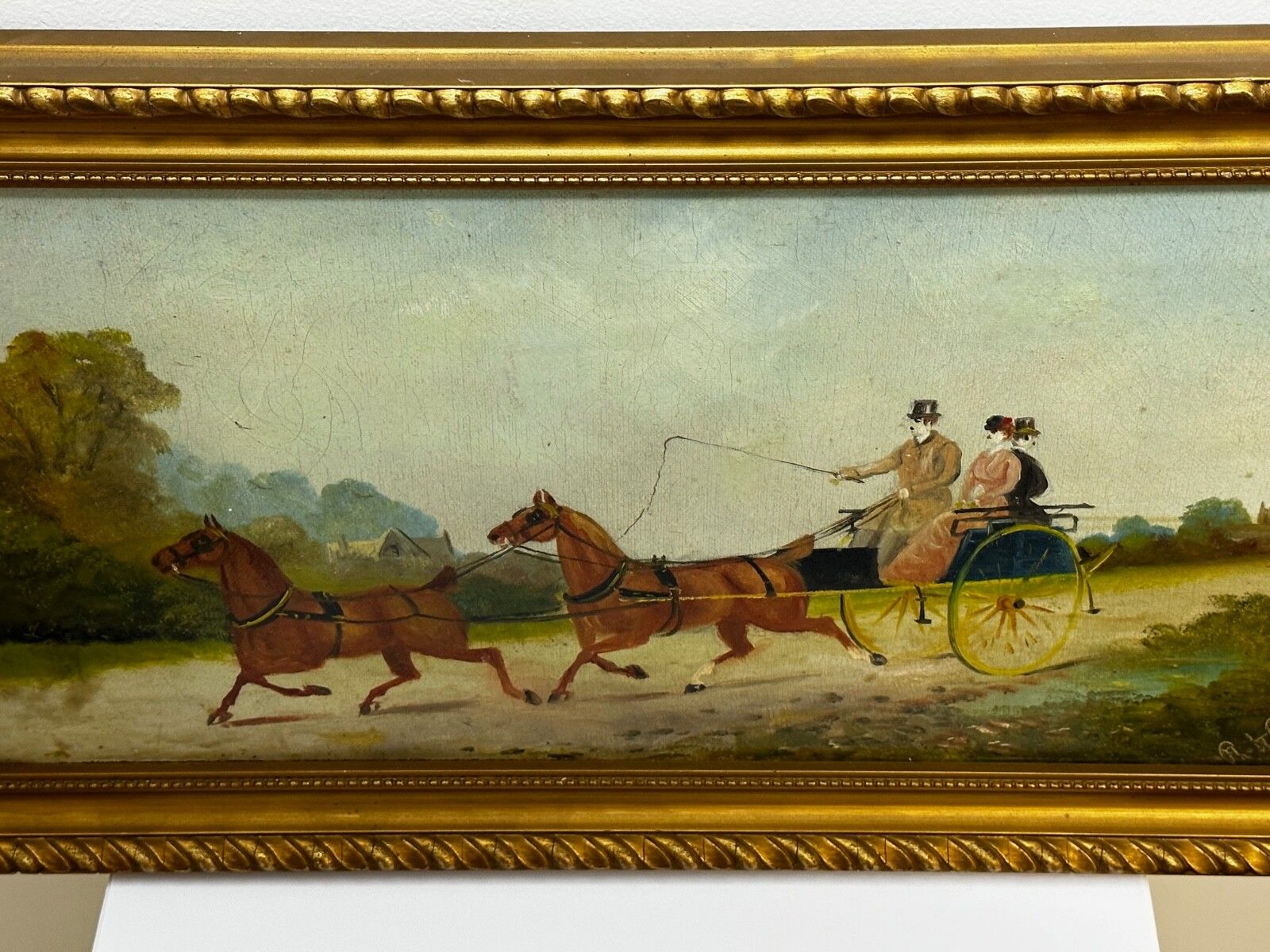Edwardian Oil Painting Horses & Carriage Coachman Riders Signed Philip H Rideout photo vinterior