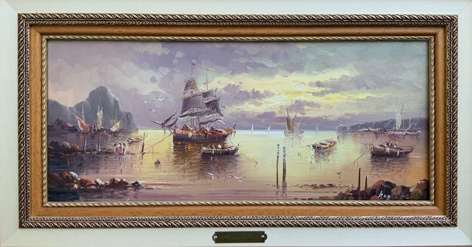 Stunning Moonlit Harbour Seascape Oil Painting Contemporary Post Impressionist photo furniture