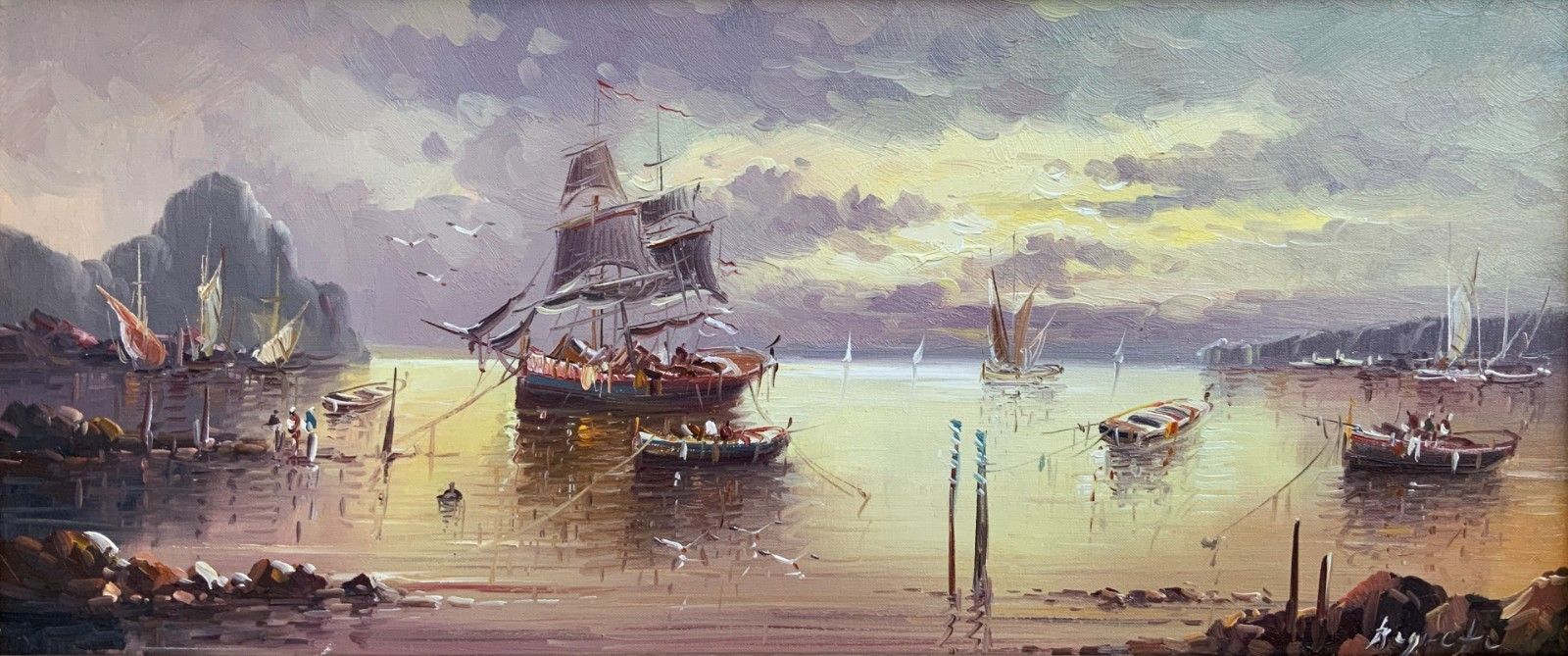 Stunning Moonlit Harbour Seascape Oil Painting Contemporary Post Impressionist photo for sale