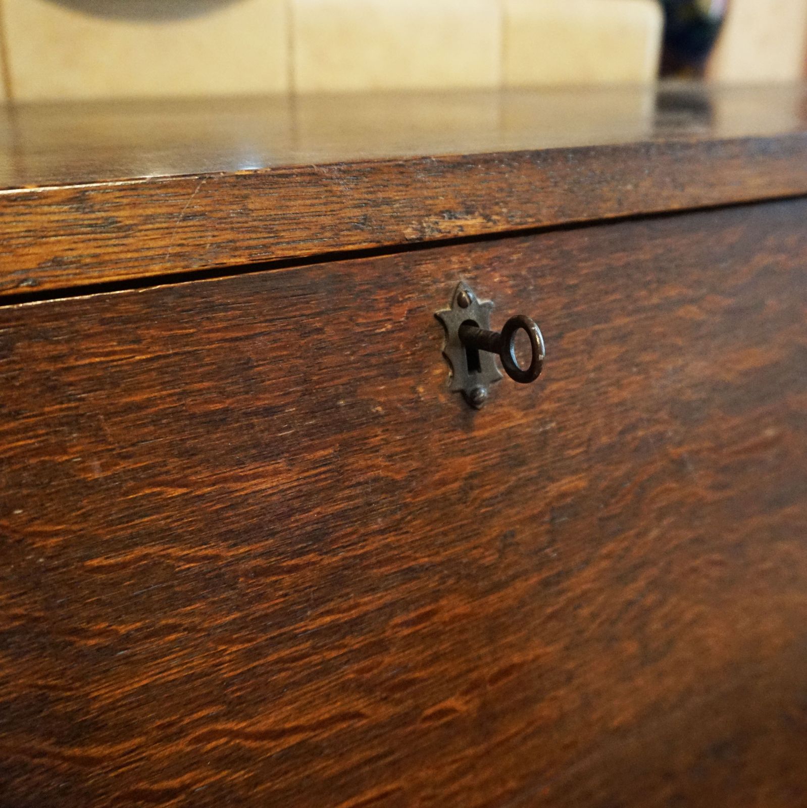 Mid Century Oak Bureau With Glass Fronted Bookcase Lockable Desk Vintage photo for sale