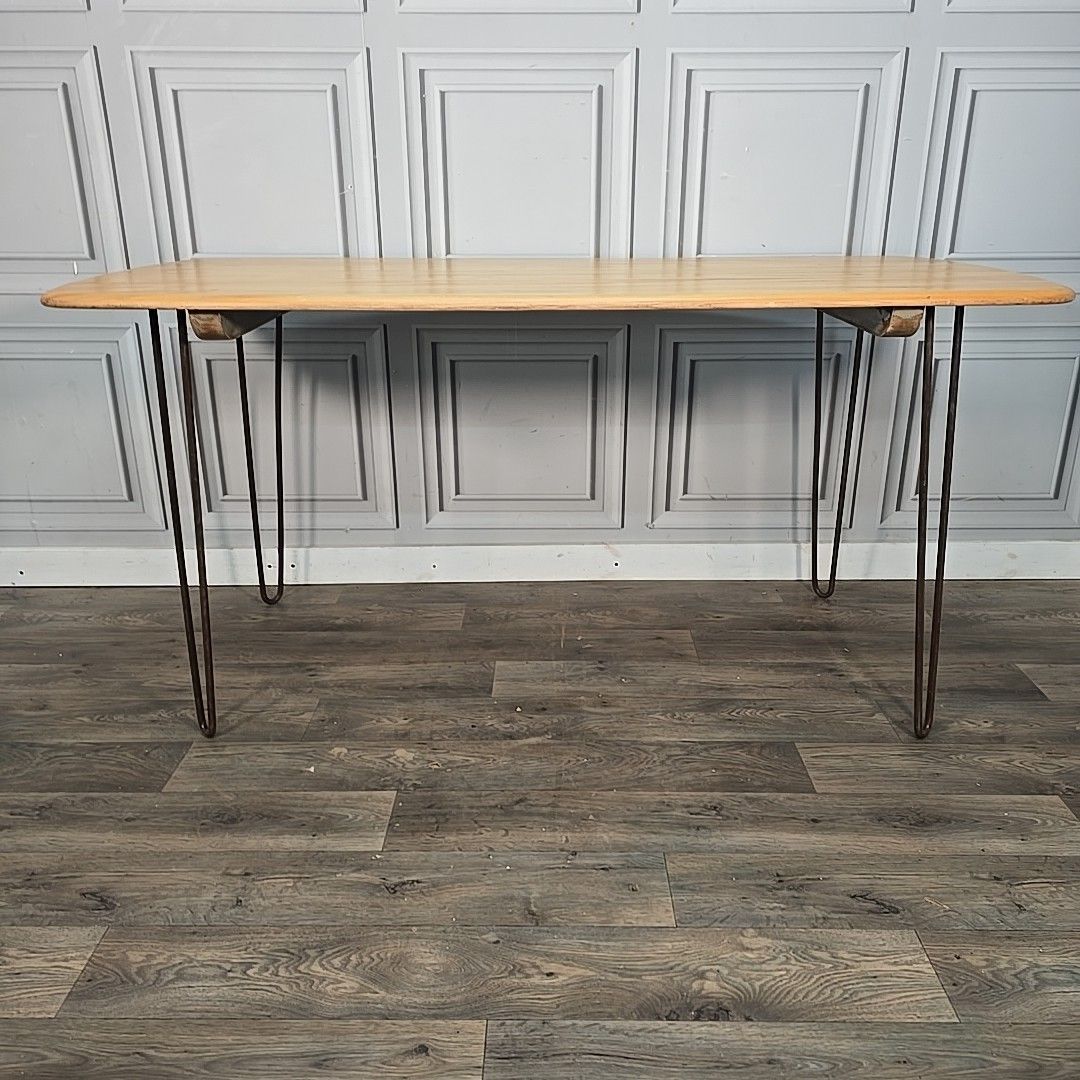 390.0 Vintage Ercol Dining Table Blonde Elm Top Hairpin Legs Retro Mid Century photo