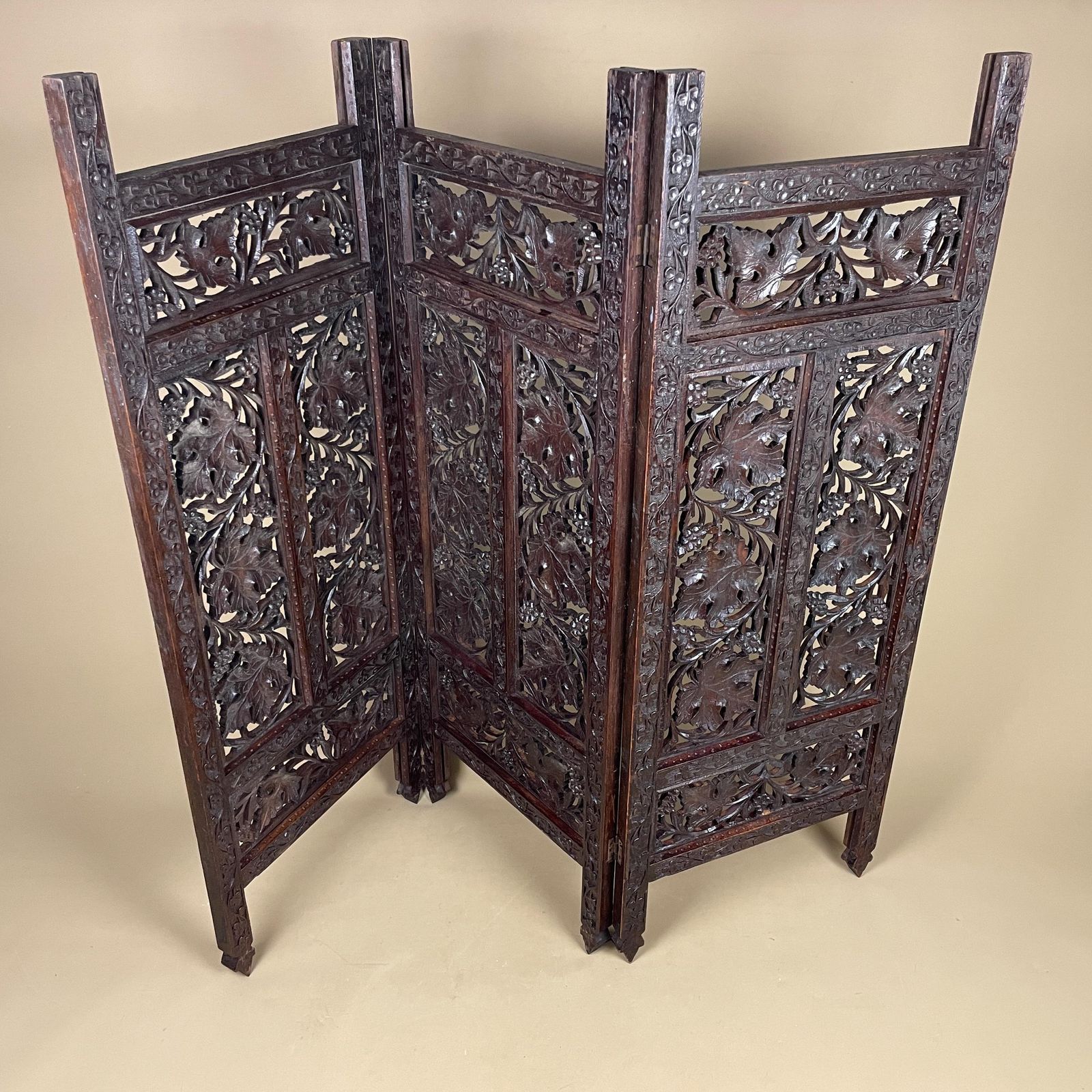 Indian Hand Carved Wood Folding Screen Floral Panels Small Area Divider Antique Wooden Intricate photo furniture
