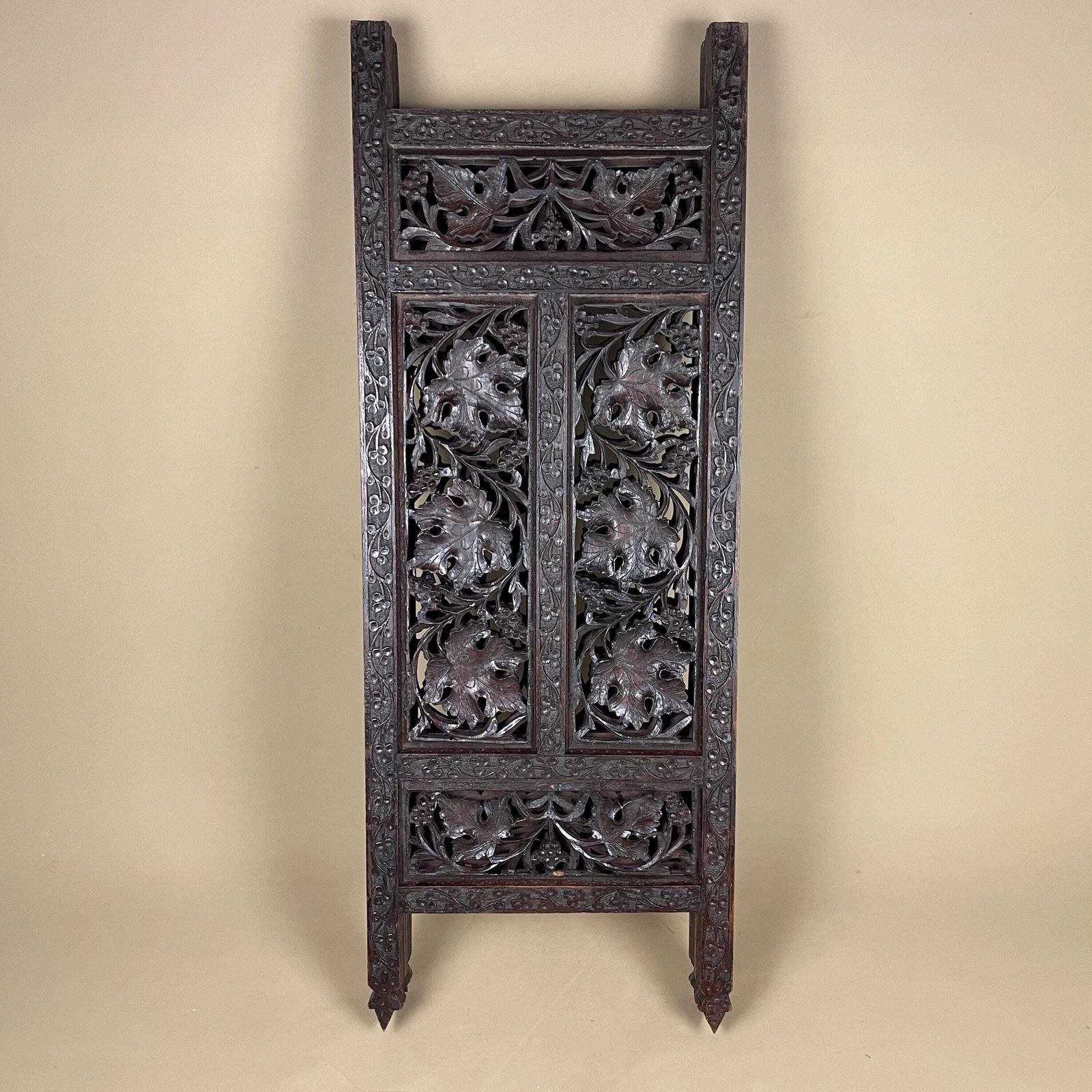 photo for sale Indian Hand Carved Wood Folding Screen Floral Panels Small Area Divider Antique Wooden Intricate