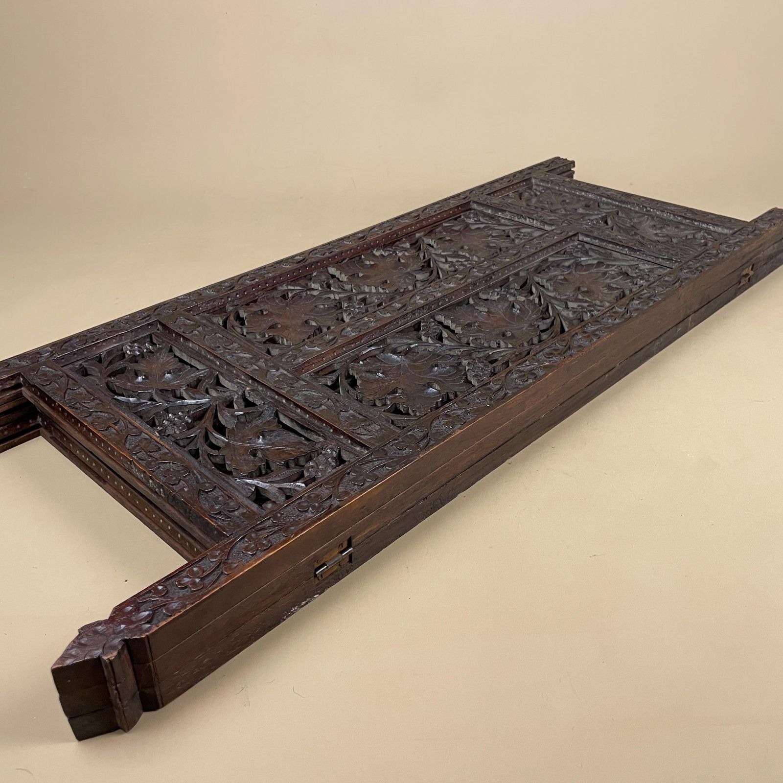 Home Decor Indian Hand Carved Wood Folding Screen Floral Panels Small Area Divider Antique Wooden Intricate photo