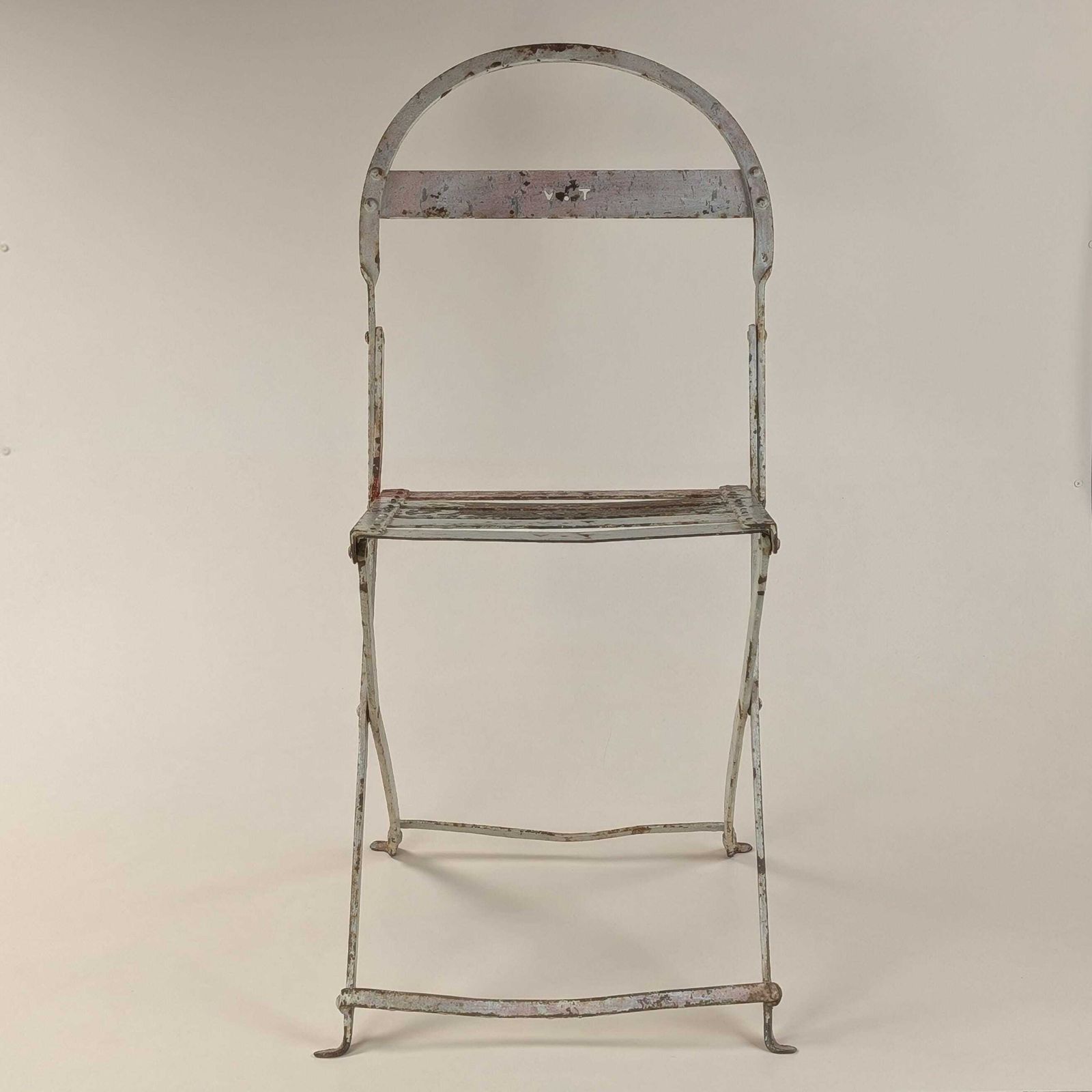 Rare Antique French Iron Folding Garden Chair With Initials Vt, Park Bistro Seating photo for sale