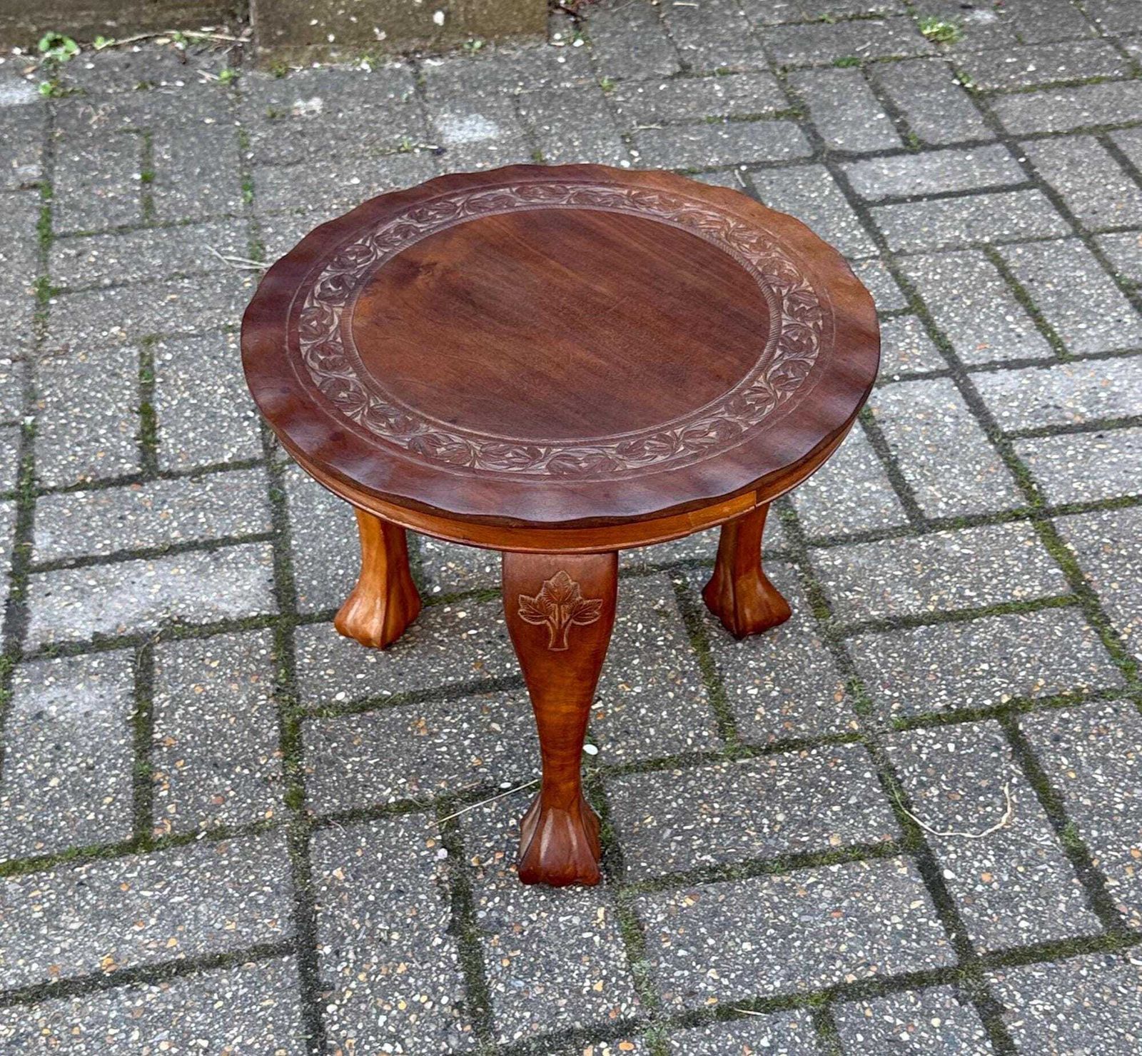 Vintage Low Round Wooden Stool Carved Foliate Design Rustic Side Table Decor