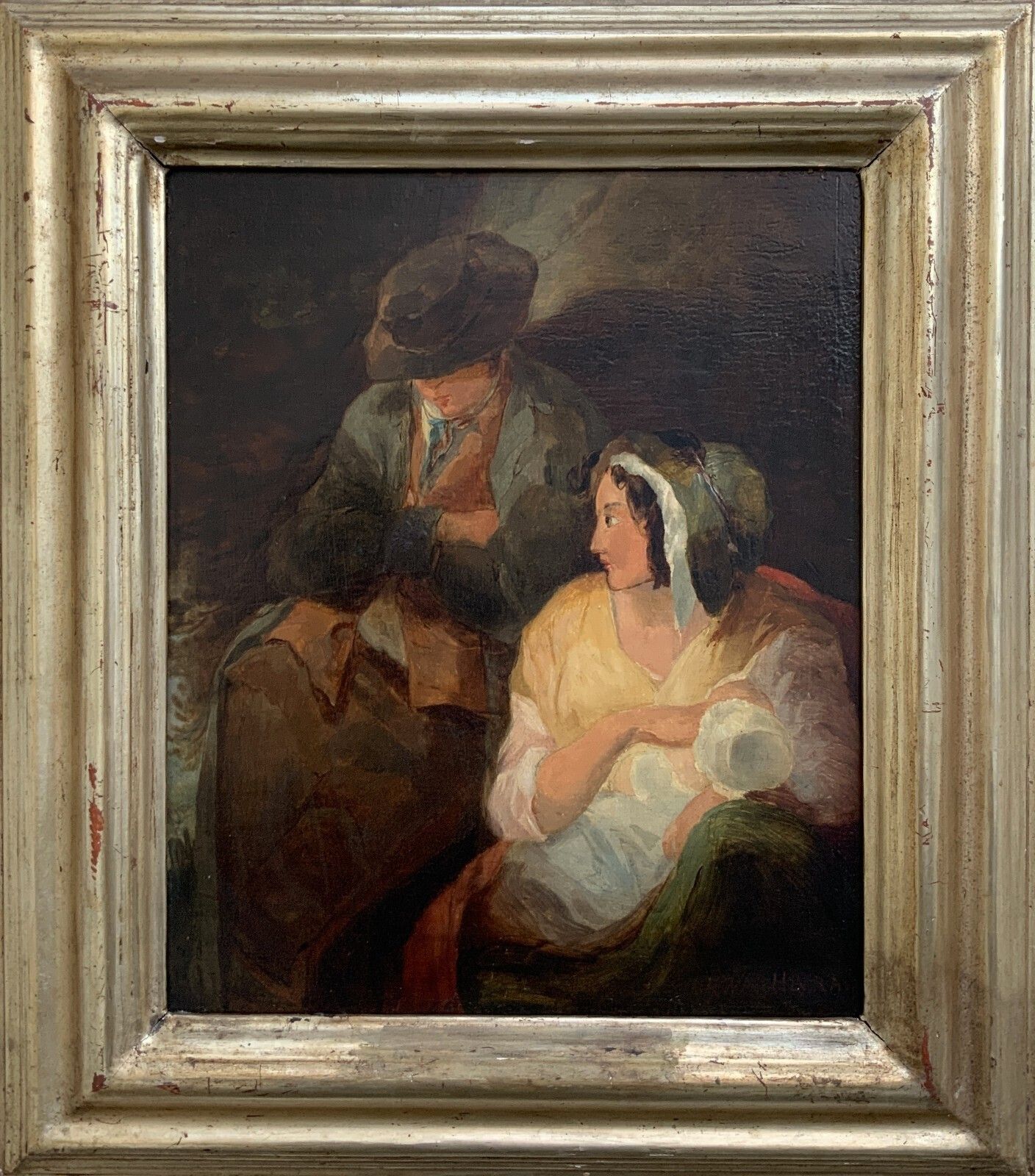 Victorian Genre Oil Portrait Painting Parents With Child Circa 1880
