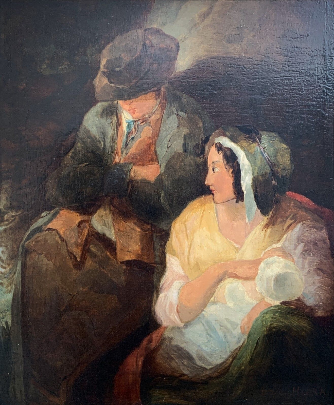 Victorian Genre Oil Portrait Painting Parents With Child Circa 1880 photo furniture