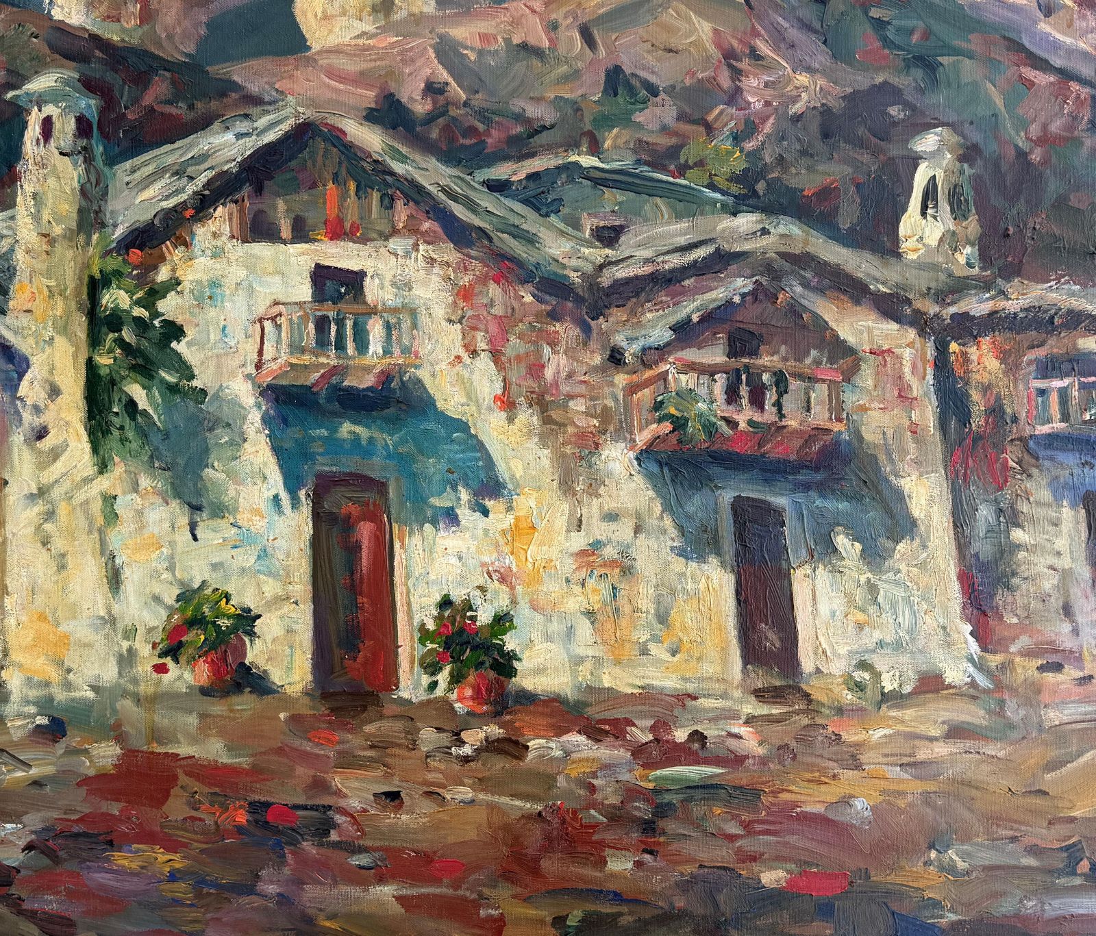 Salvador Pérez Bassols Large Impressionist Pyrenees Village Landscape, Vielha Aran Valley Oil Painting photo furniture