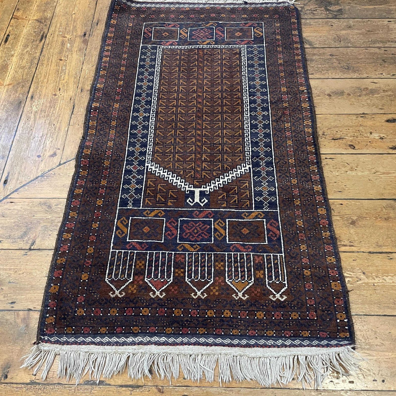 Antique Woven Rug Carpet Mat Rectangle Wool Vintage Pattern Woven Floor Hand Knotted Textile Patterned Pattern 154x79cm Earthy Brown Balouch photo furniture