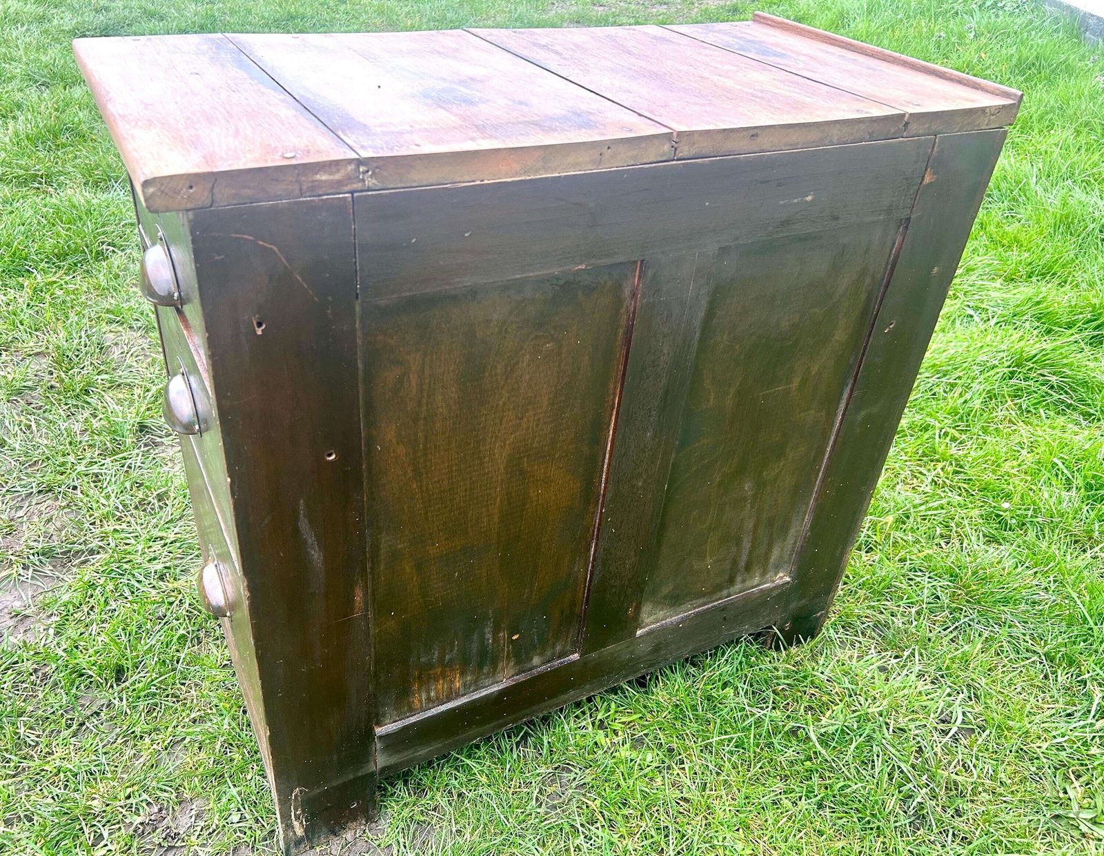 1940s Three Drawer Oak Filing Cabinet Bedside Wooden Desk Industrial Antique Vintage Haberdashery Library Office photo vintage