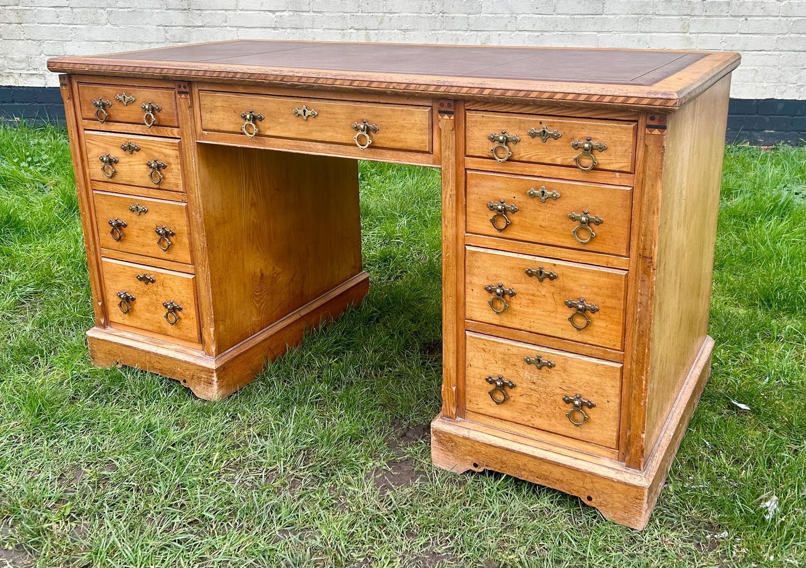 Charles Bevan Style Victorian Gothic Revival Antique Ash Desk Cabinet Vintage Storage Arts And Crafts Office Leather Wooden Table photo for sale