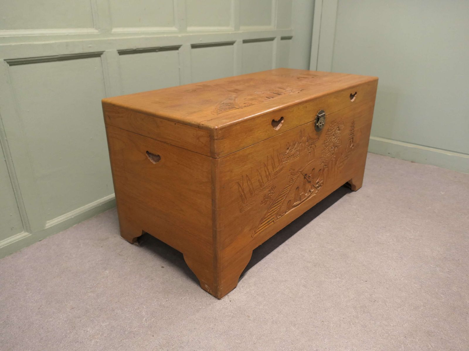 Oriental Minimalist Carved Camphor Wood Chest photo for sale
