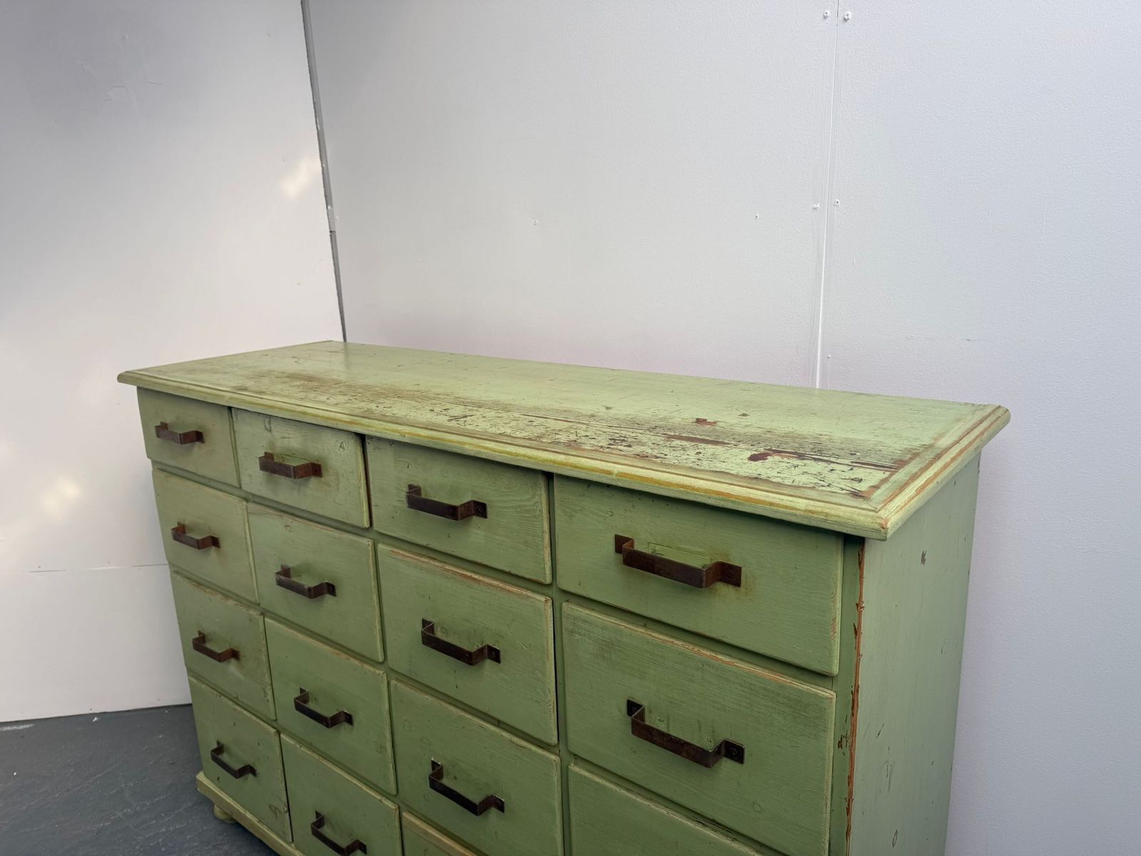 A Lovely Original Antique  Pine Painted Light Green 16 Drawer Shop Fitting photo furniture
