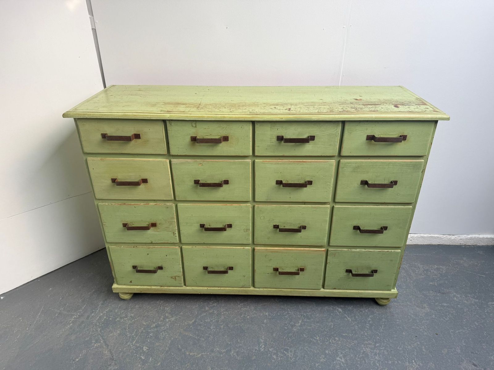 A Lovely Original Antique  Pine Painted Light Green 16 Drawer Shop Fitting photo 1495.0