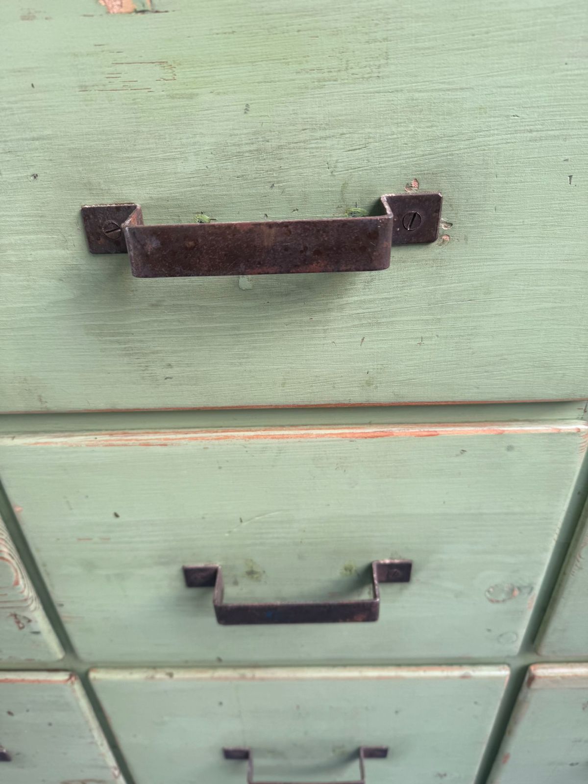 A Lovely Original Antique  Pine Painted Light Green 16 Drawer Shop Fitting photo vinterior