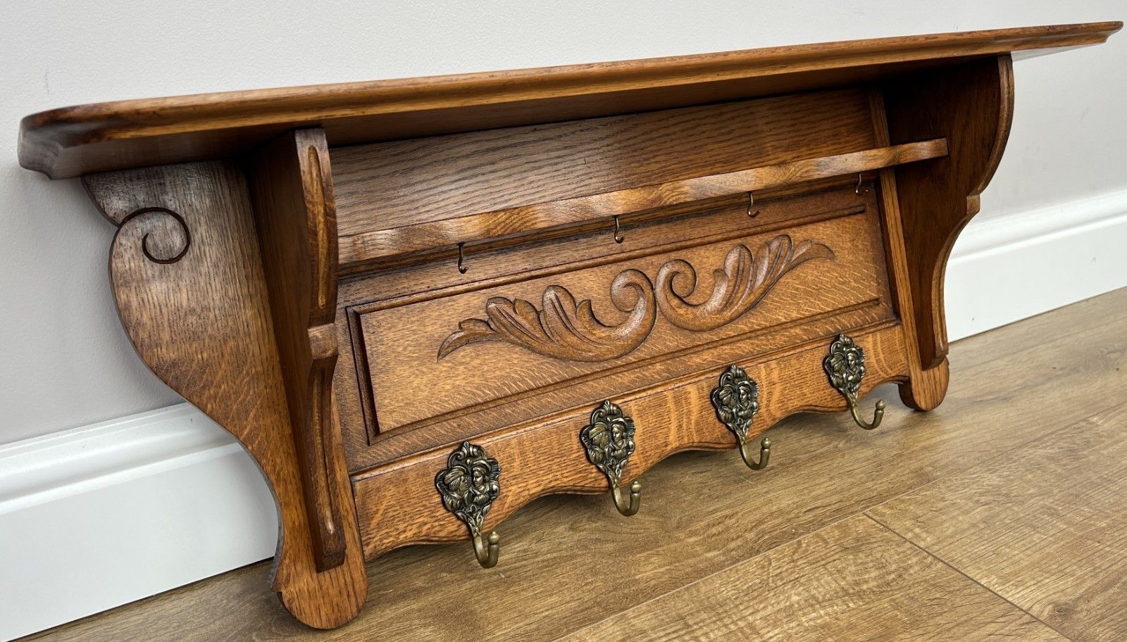 French Vintage Coat Rack Oak 4 Hooks Wall Shelf Carved Coat Hanger Lot 4907 photo Furniture