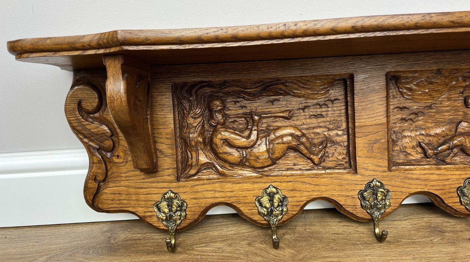 French Vintage Coat Rack Oak 5 Hooks Wall Shelf Carved Coat Hanger Lot 4904 photo 299.0