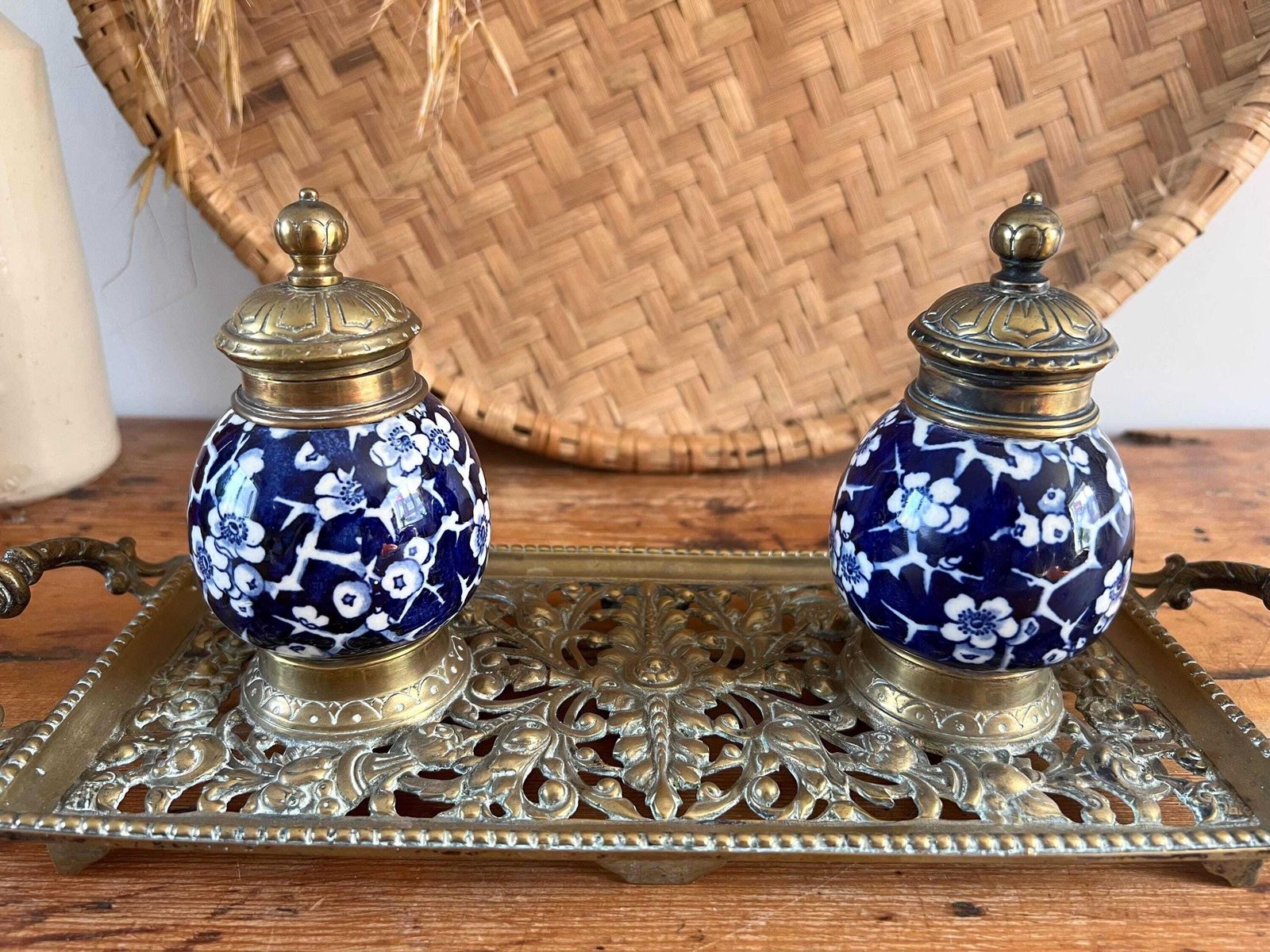 Antique Victorian Double Inkwell By Townshend & Co – Ornate Brass Inkstand With Blue White Prunus Porcelain Wells Original Ceramic Liners photo furniture