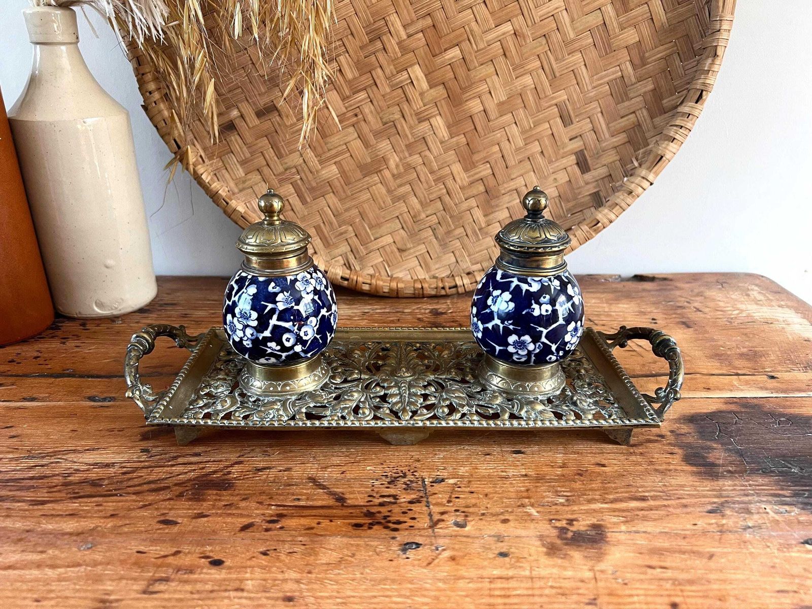 Antique Victorian Double Inkwell By Townshend & Co – Ornate Brass Inkstand With Blue White Prunus Porcelain Wells Original Ceramic Liners photo Home Decor