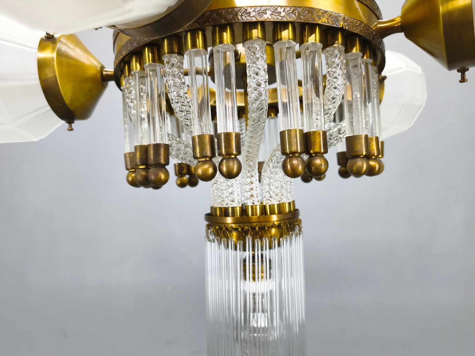 Czech Art Deco Brass And Glass Chandelier, 1950s photo buy