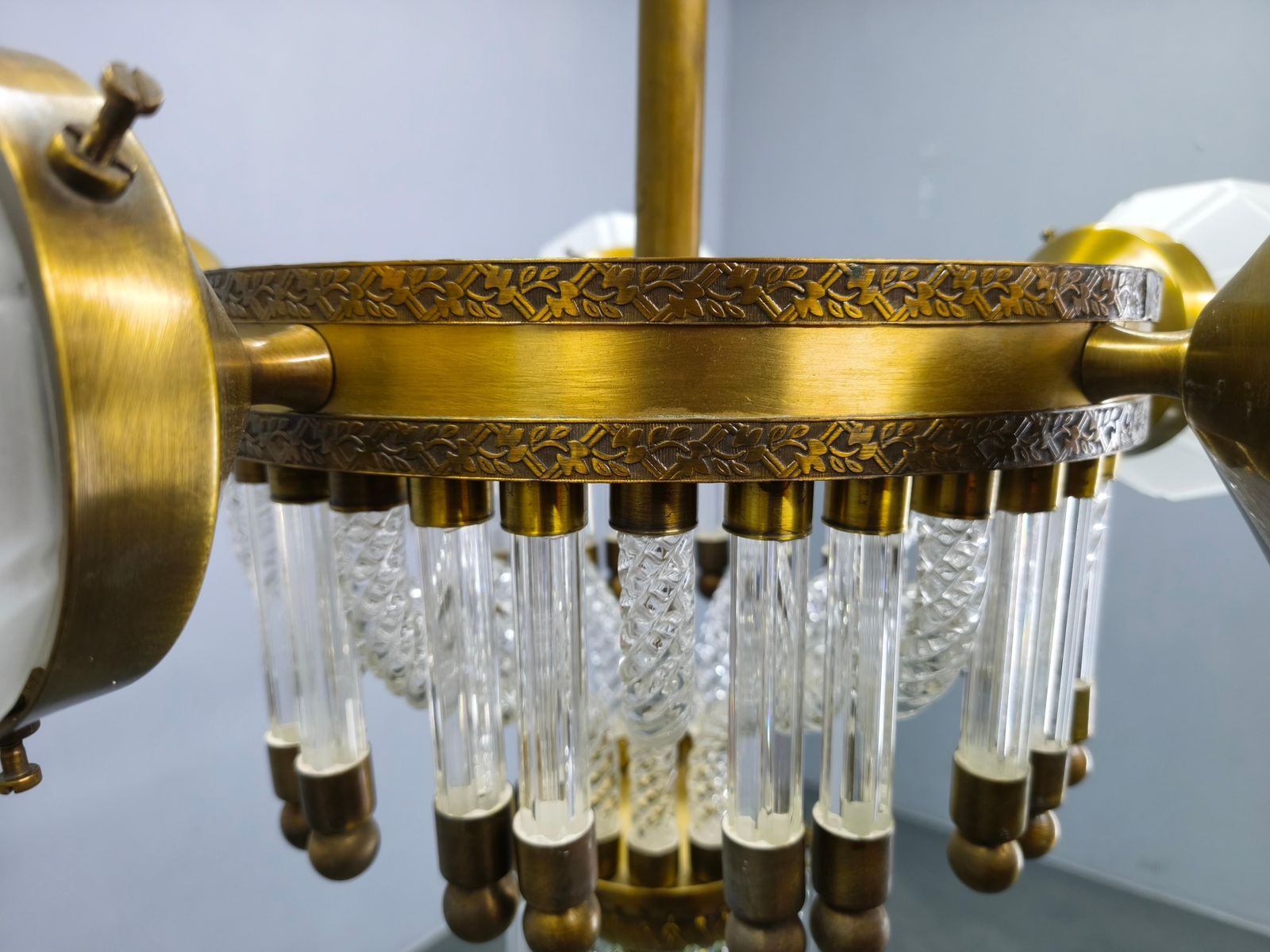 photo for sale Czech Art Deco Brass And Glass Chandelier, 1950s