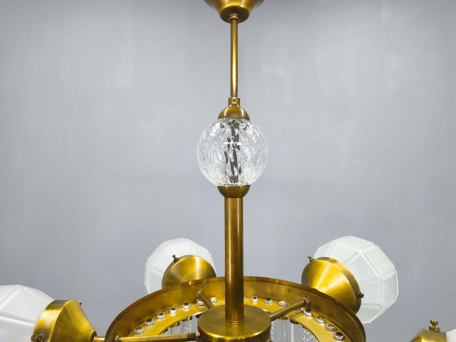 2726.0 Czech Art Deco Brass And Glass Chandelier, 1950s photo