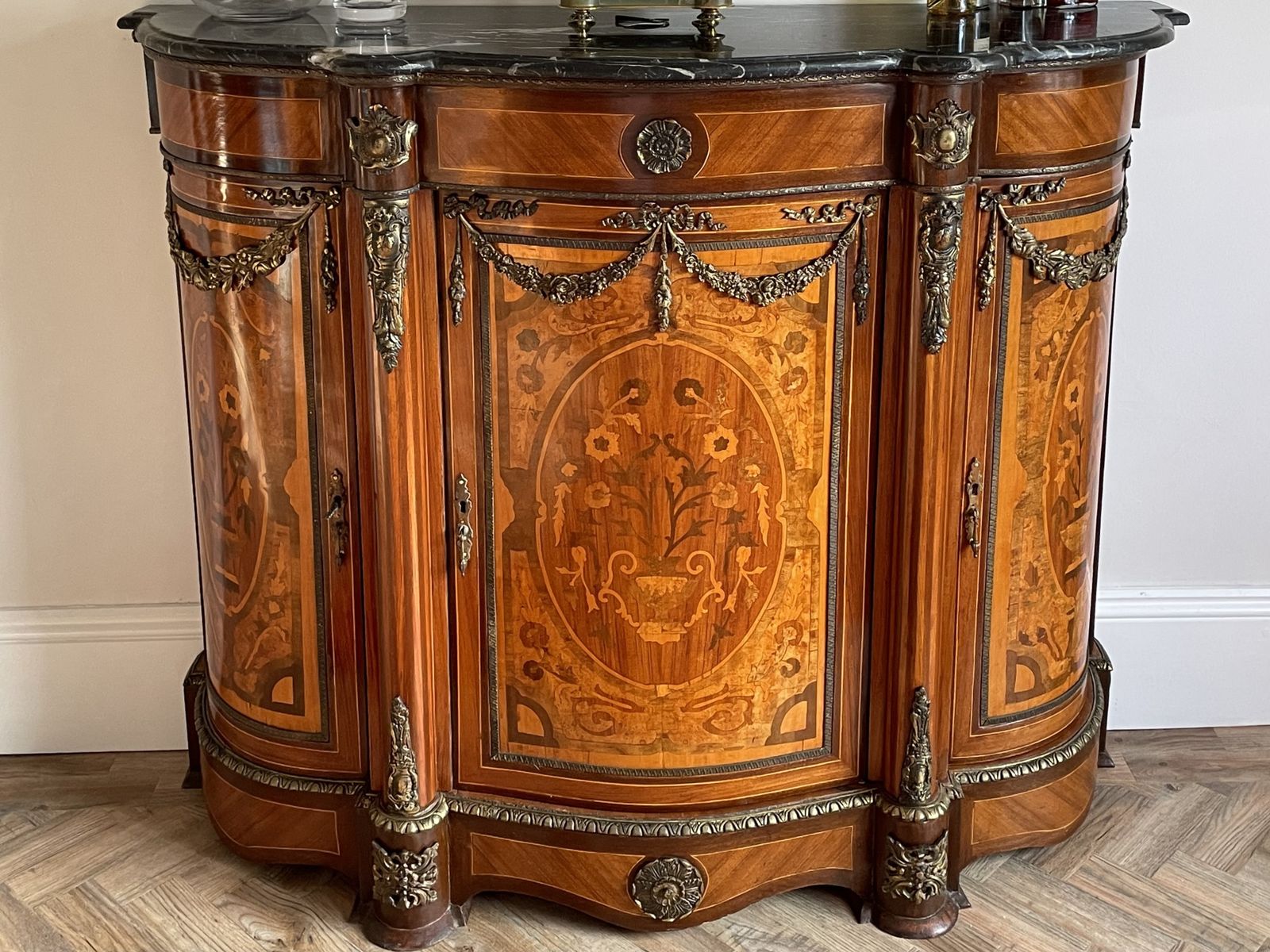Fabulous Italian Reproduction Serpentine Shaped Marble Top Credenza