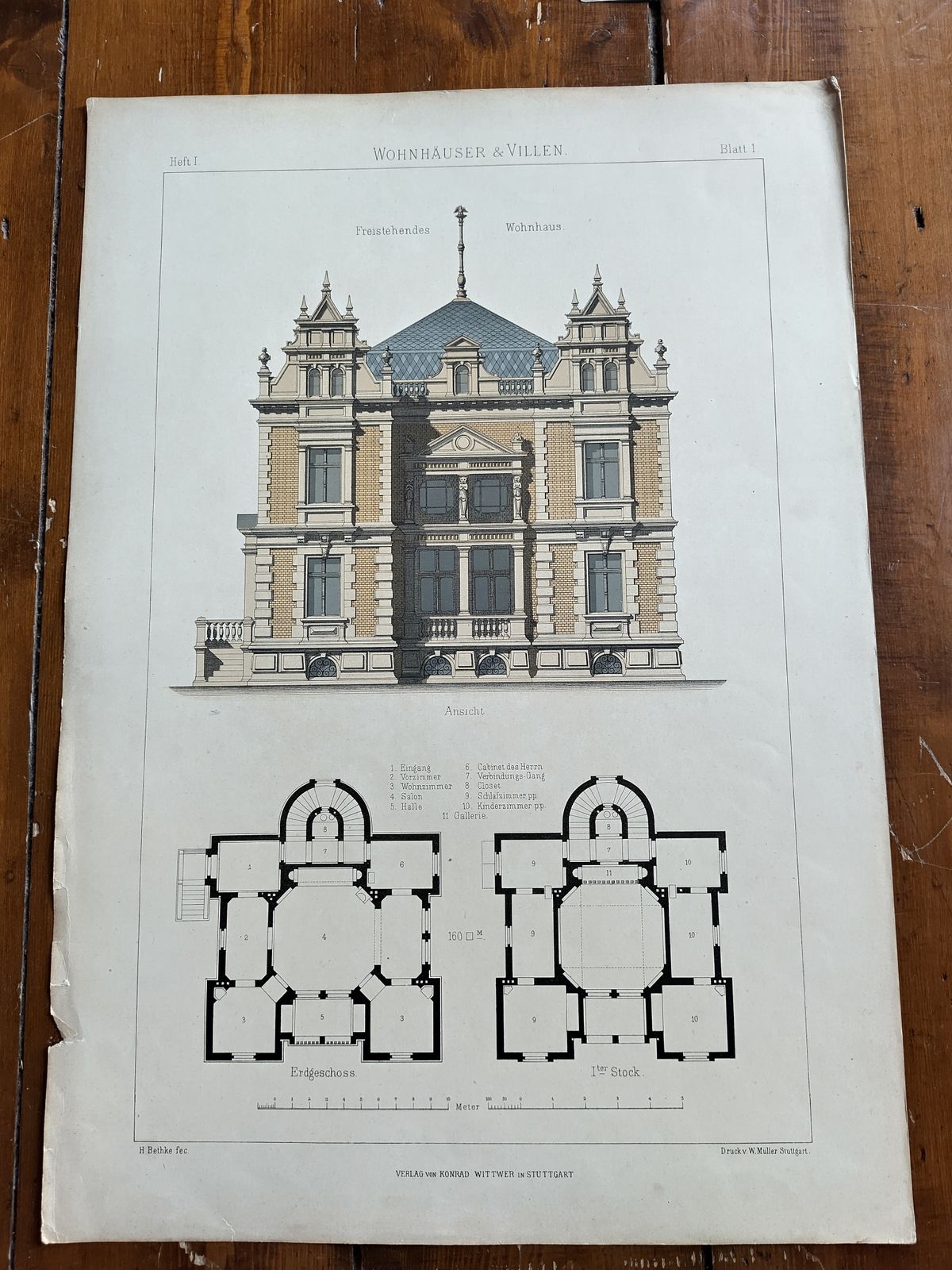 Set 1: 6 Antique 19thc Chromolithographs – Bethke ‘Villen’ Series, C.1885 photo furniture