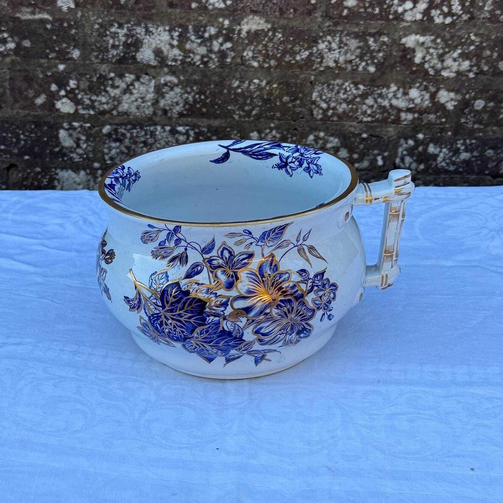 Victorian Ashworth Brothers Chamber Pot Blue Floral Gilt Ironstone Antique Planter