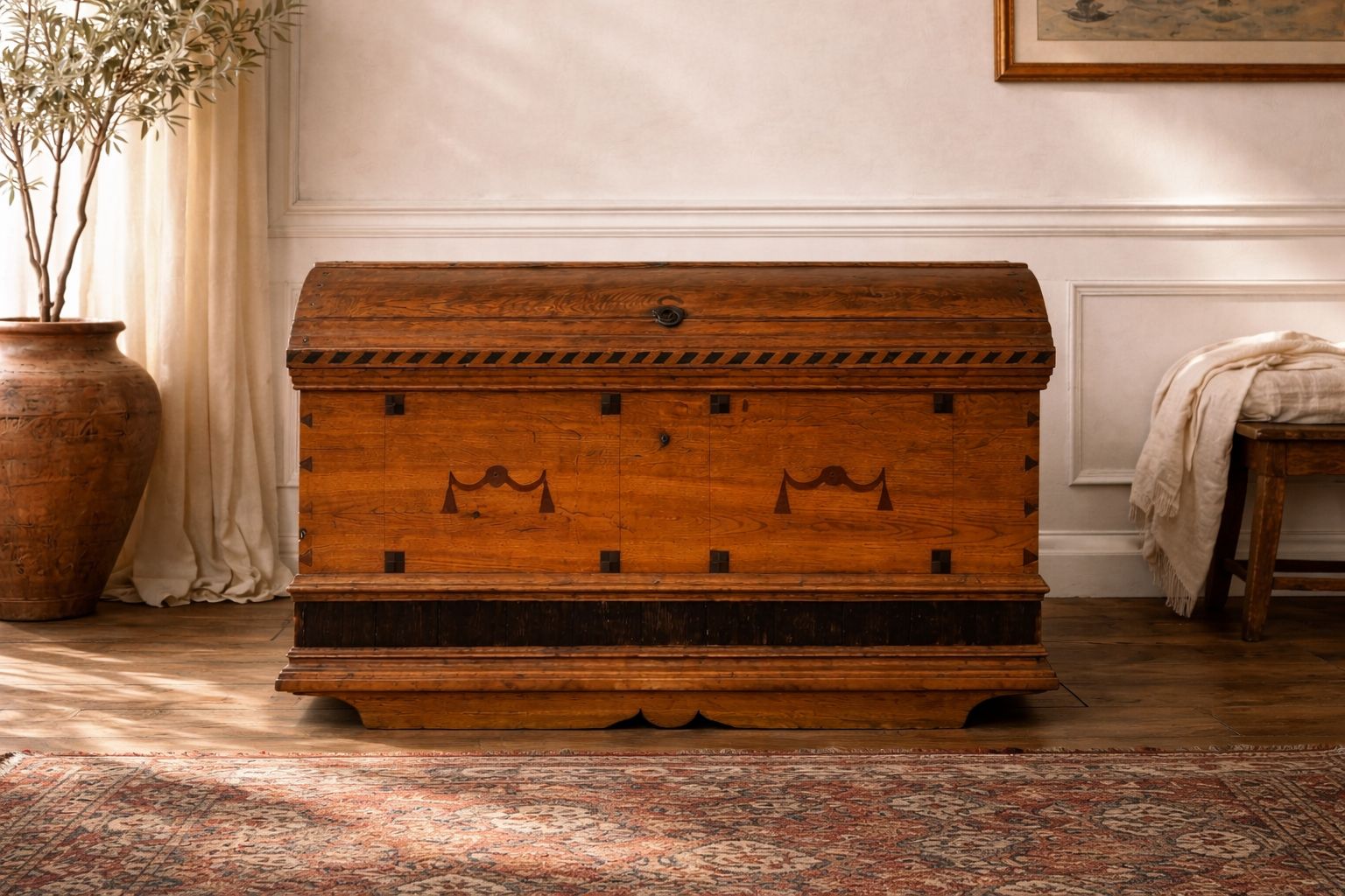 Antique 18th Century Dutch Oak Coffer – Chevron Inlays & Original Iron Handles photo furniture