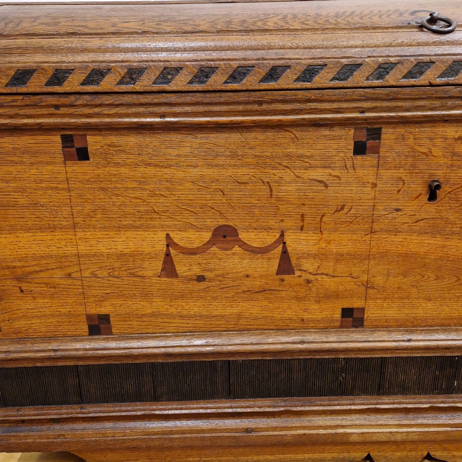 photo furniture Antique 18th Century Dutch Oak Coffer – Chevron Inlays & Original Iron Handles