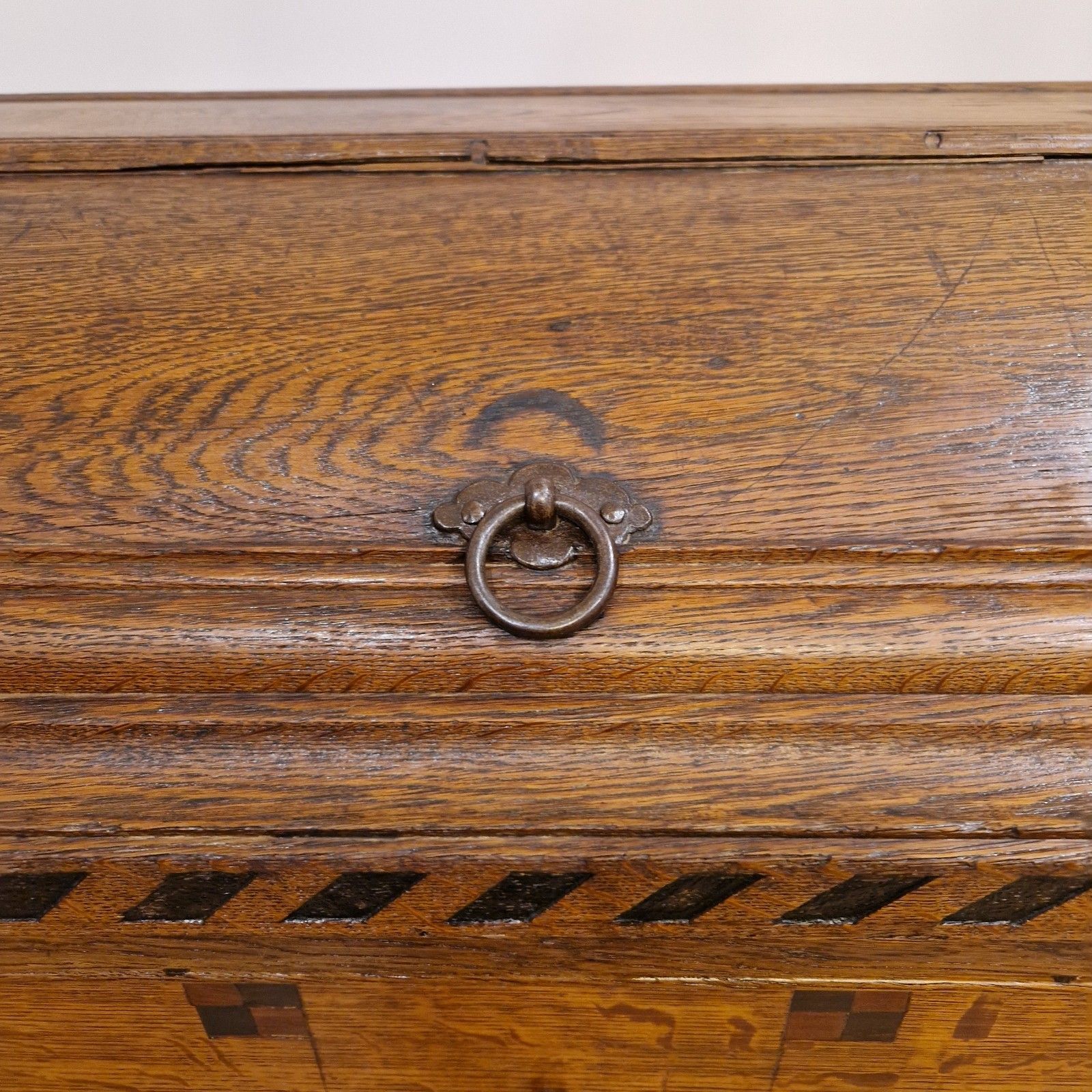 1496.0 Antique 18th Century Dutch Oak Coffer – Chevron Inlays & Original Iron Handles photo