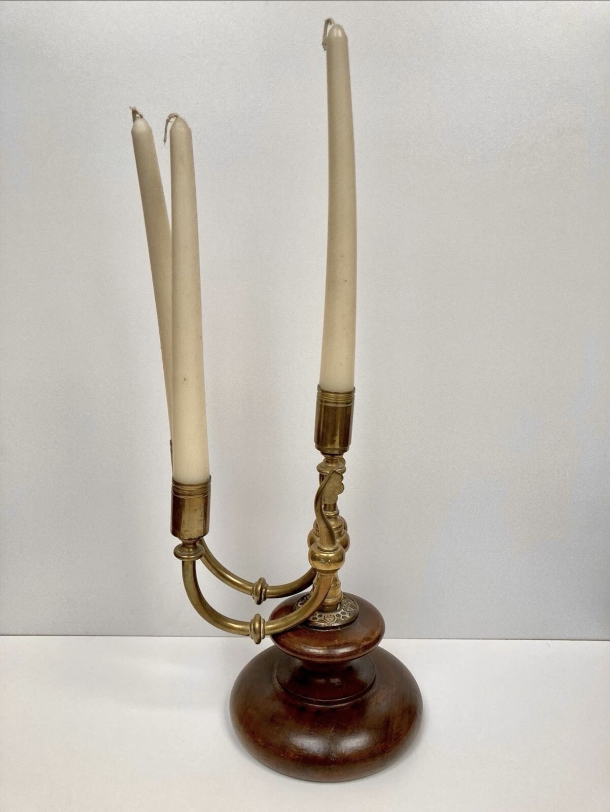 Pair Of Stunning Arts And Crafts Walnut And Brass Candlesticks  / Candelabras photo vintage