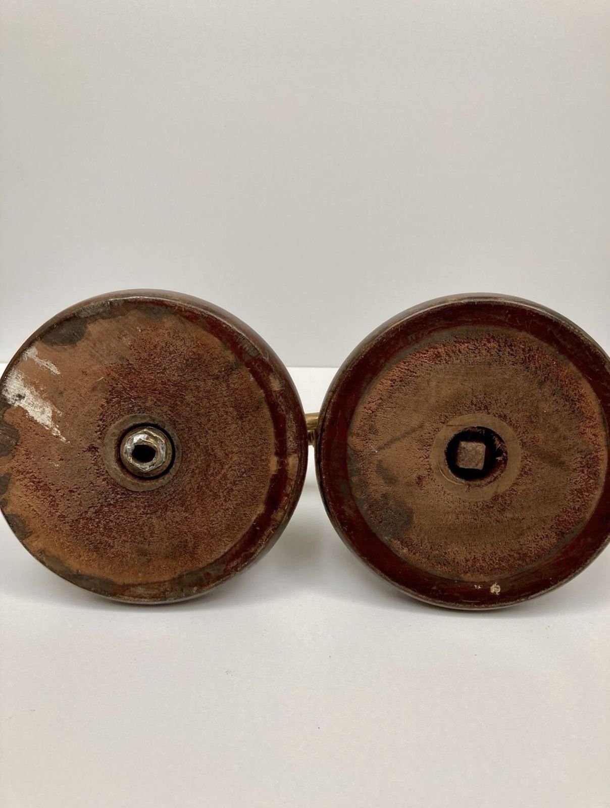 photo for sale Pair Of Stunning Arts And Crafts Walnut And Brass Candlesticks  / Candelabras