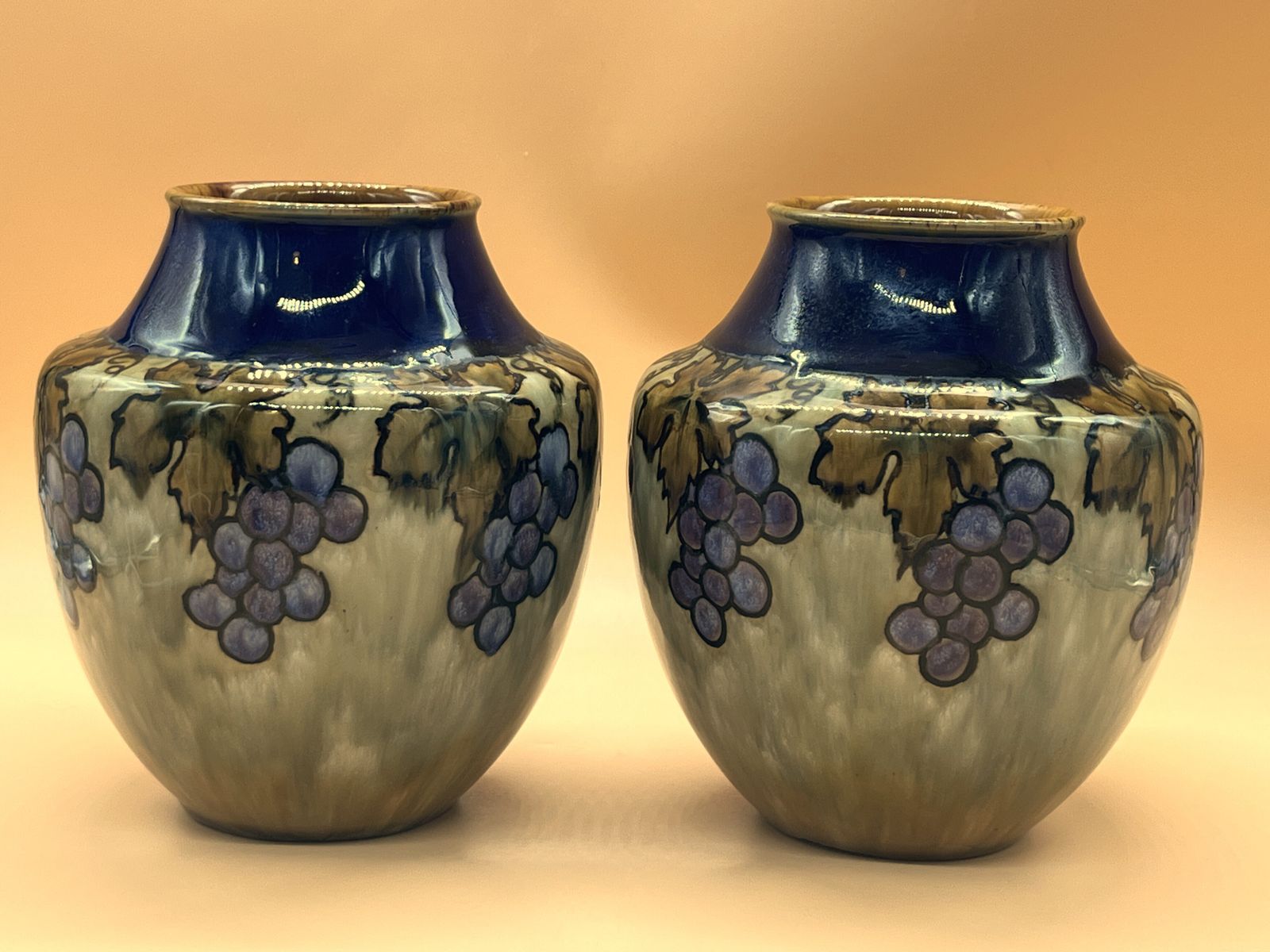 Pair Of Antique Florence C Roberts & Florrie Jones Royal Doulton Pottery Vases. 8374. C1900.