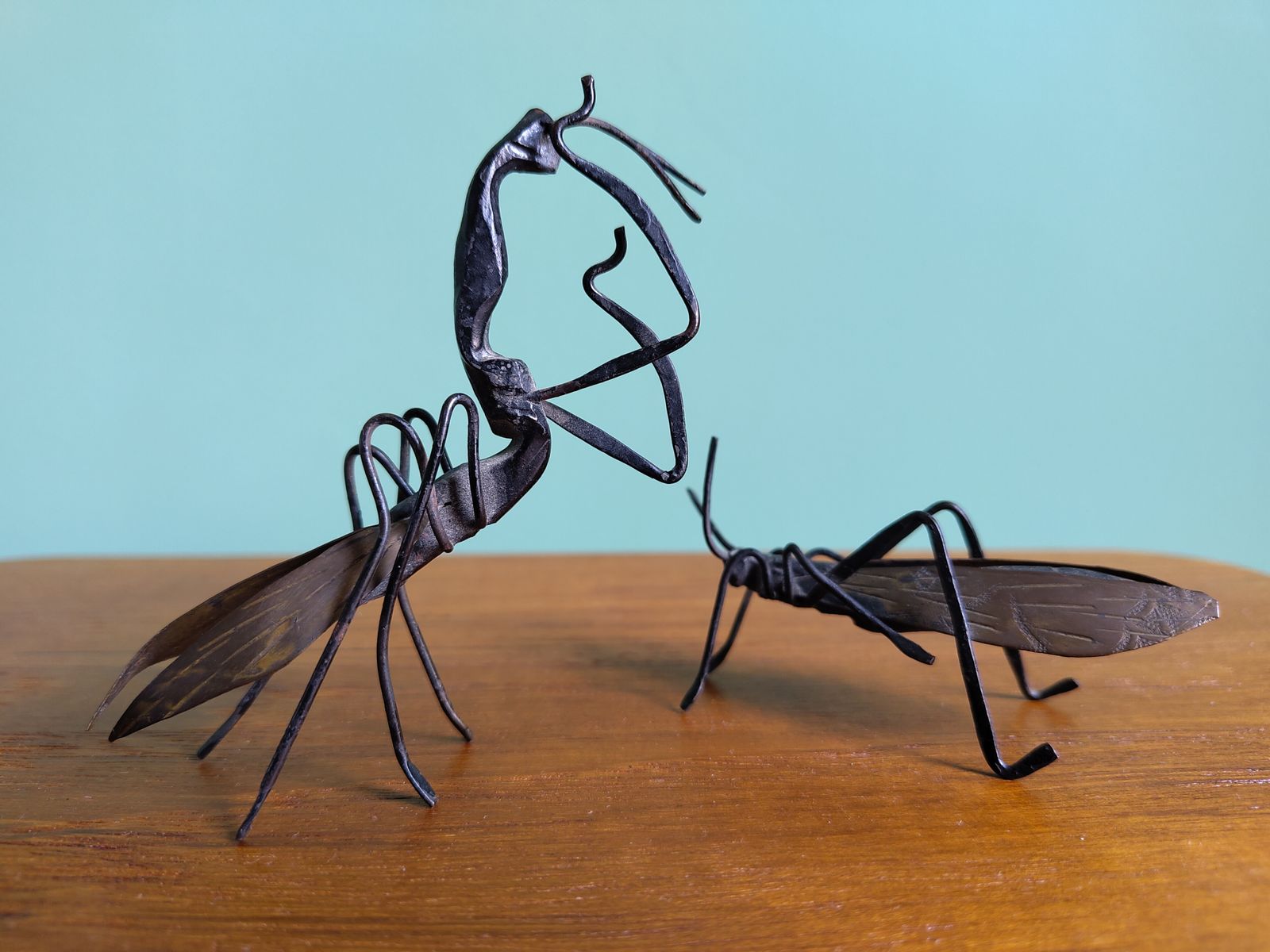 Rare Signed Pair Of Antique Japanese Articulated Metal Insects – Mantis & Cicada