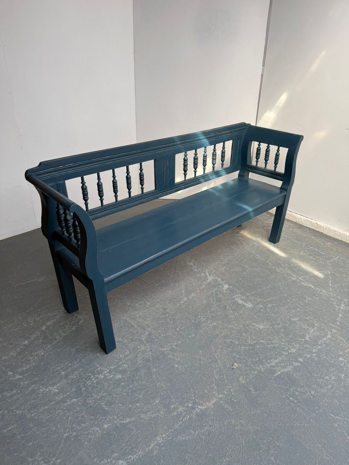 795.0 A Lovely Painted Blue Original Victorian Pine Hungarian 3 Seater Bench photo