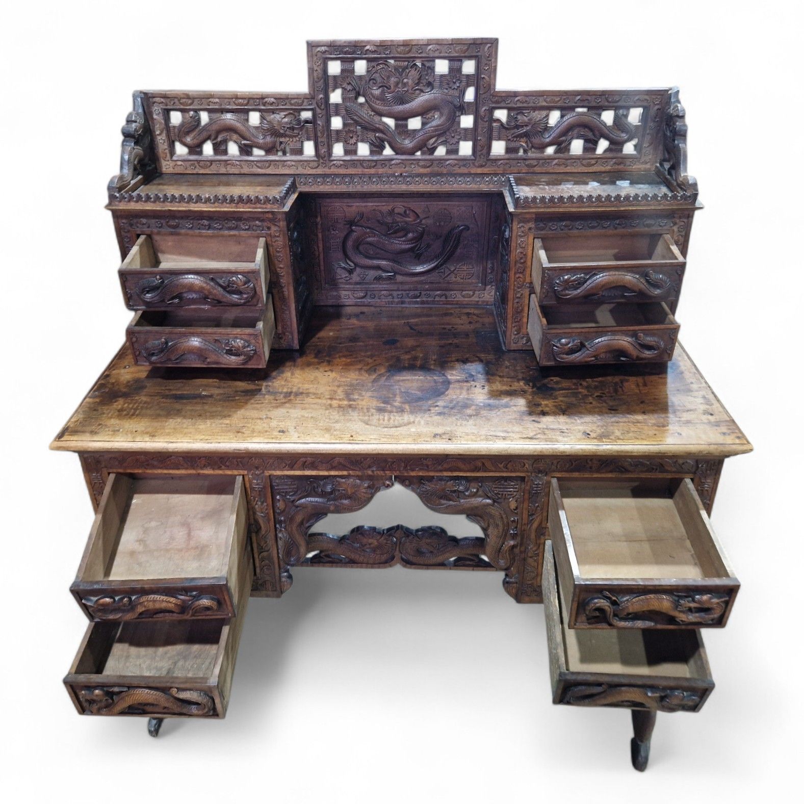 Large Antique Oriental Desk Heavily Carved Solid Wood Elm Very Nice Quality photo furniture