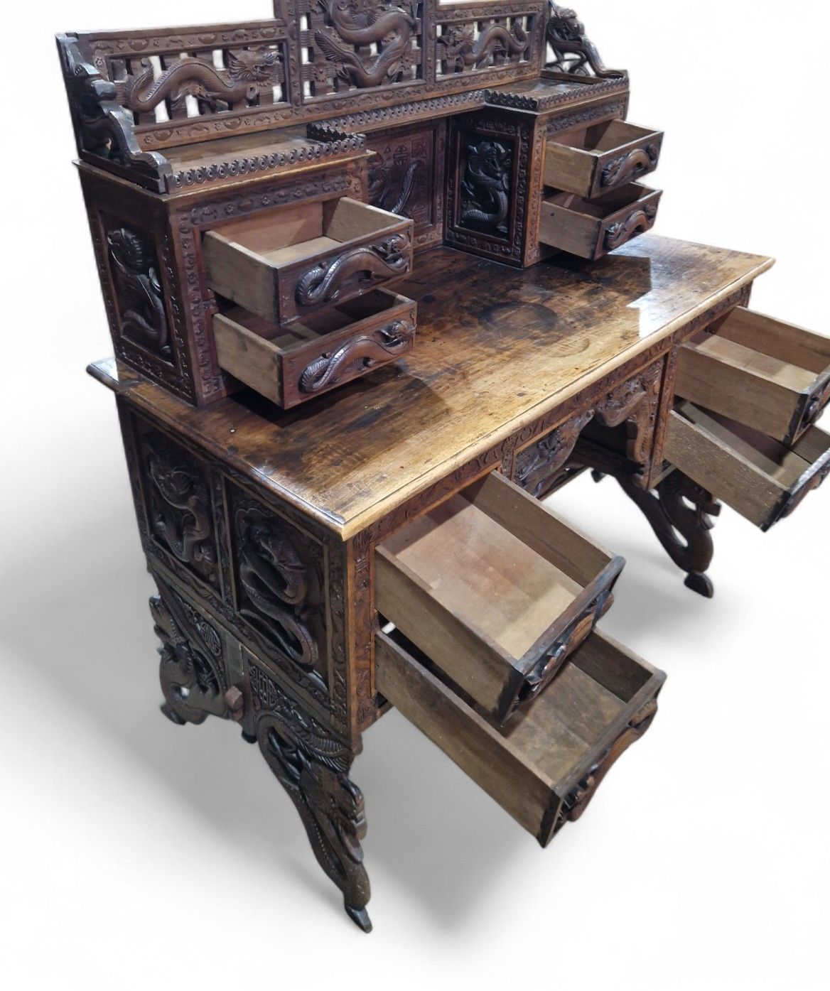 Large Antique Oriental Desk Heavily Carved Solid Wood Elm Very Nice Quality photo for sale