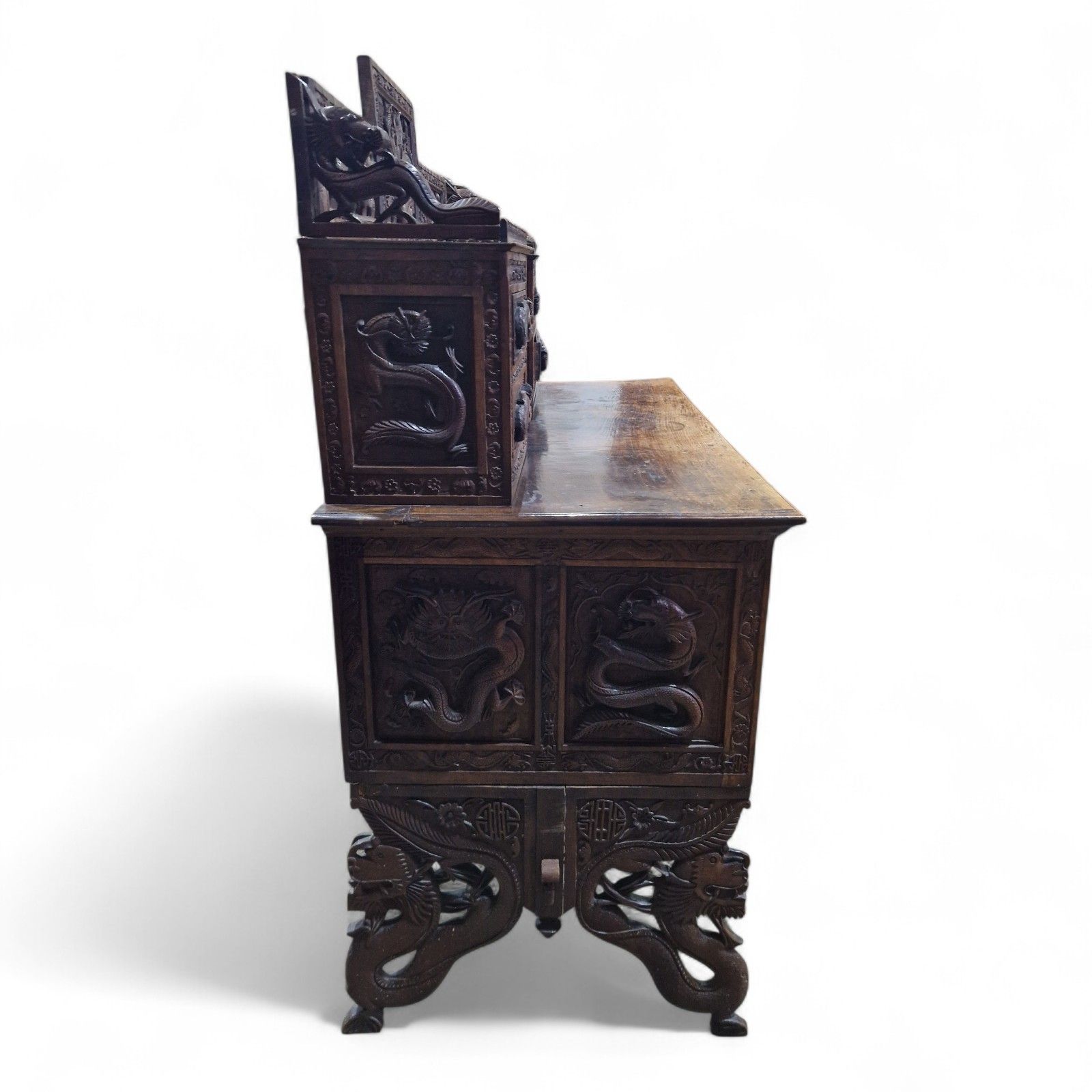 Large Antique Oriental Desk Heavily Carved Solid Wood Elm Very Nice Quality photo vintage