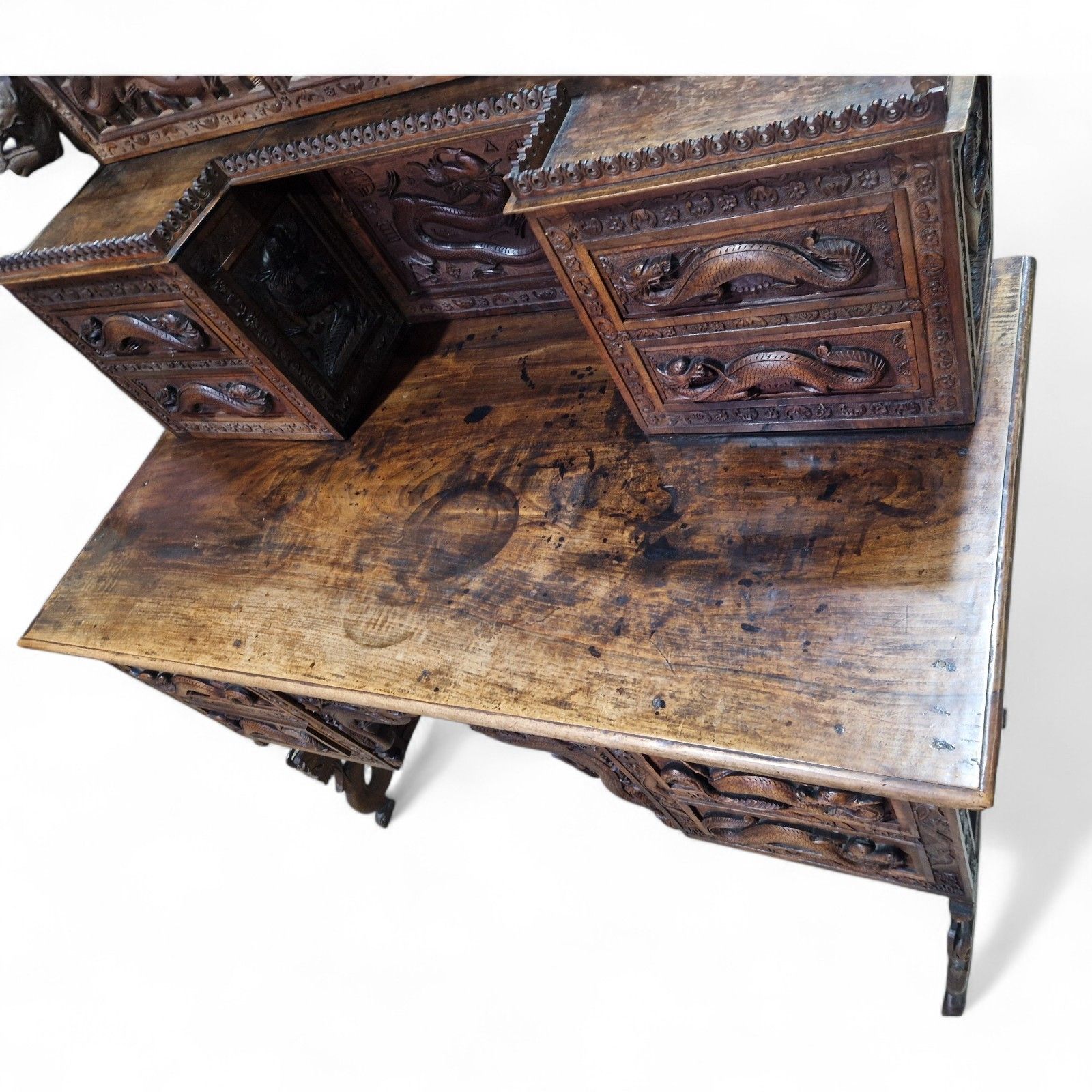 photo vinterior Large Antique Oriental Desk Heavily Carved Solid Wood Elm Very Nice Quality