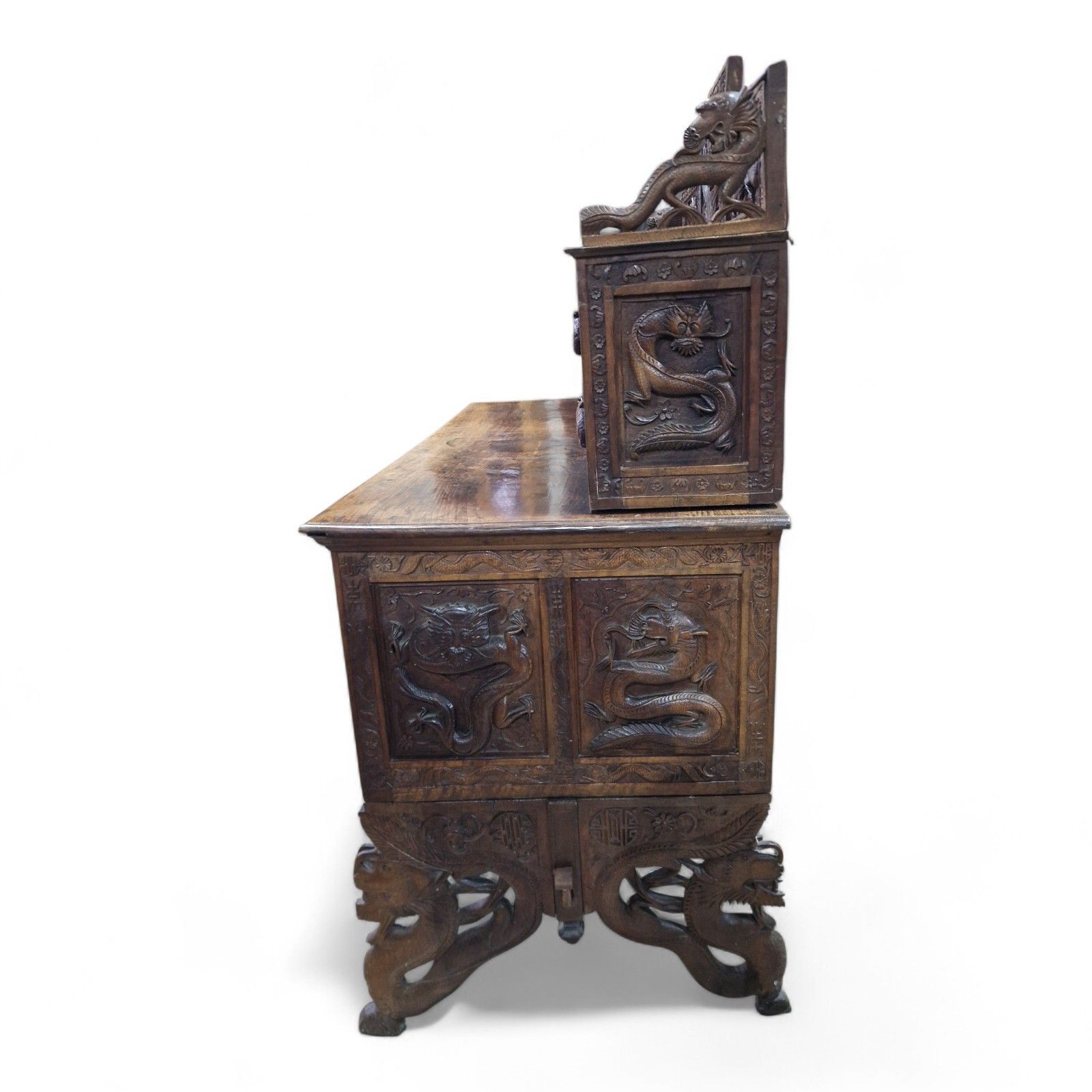 photo buy Large Antique Oriental Desk Heavily Carved Solid Wood Elm Very Nice Quality
