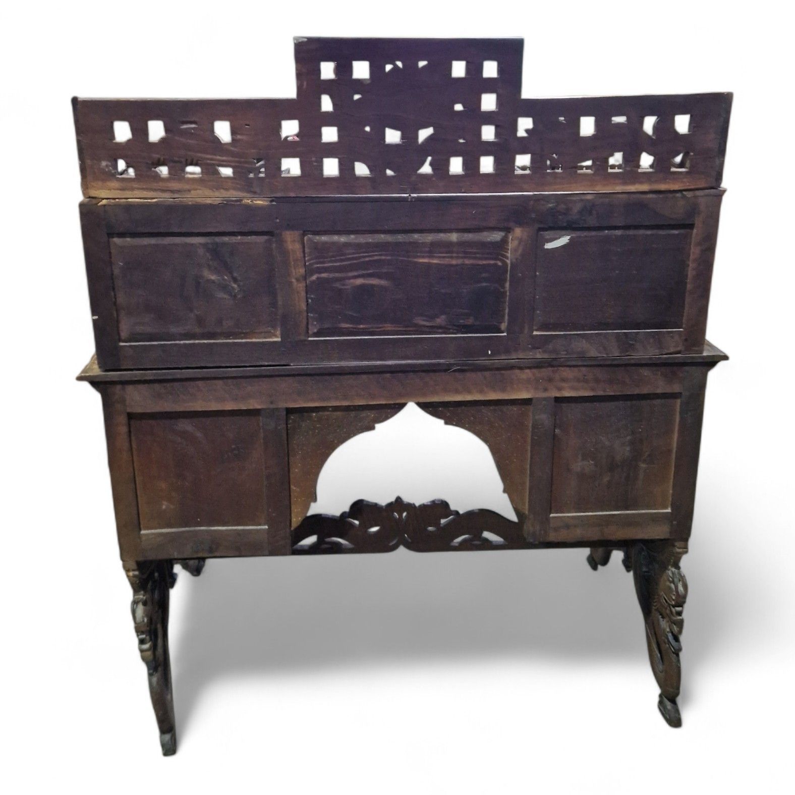 photo vintage Large Antique Oriental Desk Heavily Carved Solid Wood Elm Very Nice Quality