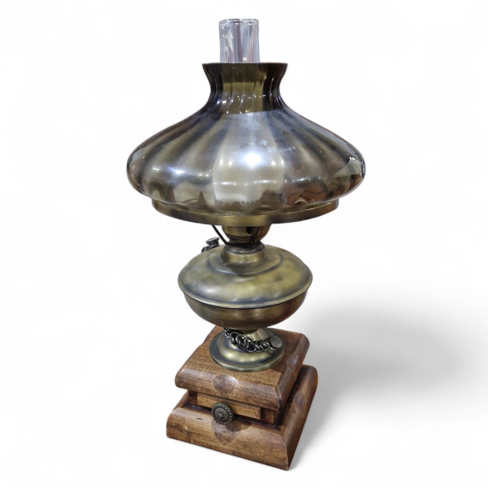 Antique Desk Light Converted Glass Chimney Oil Lamp Smoked Glass Globe photo furniture