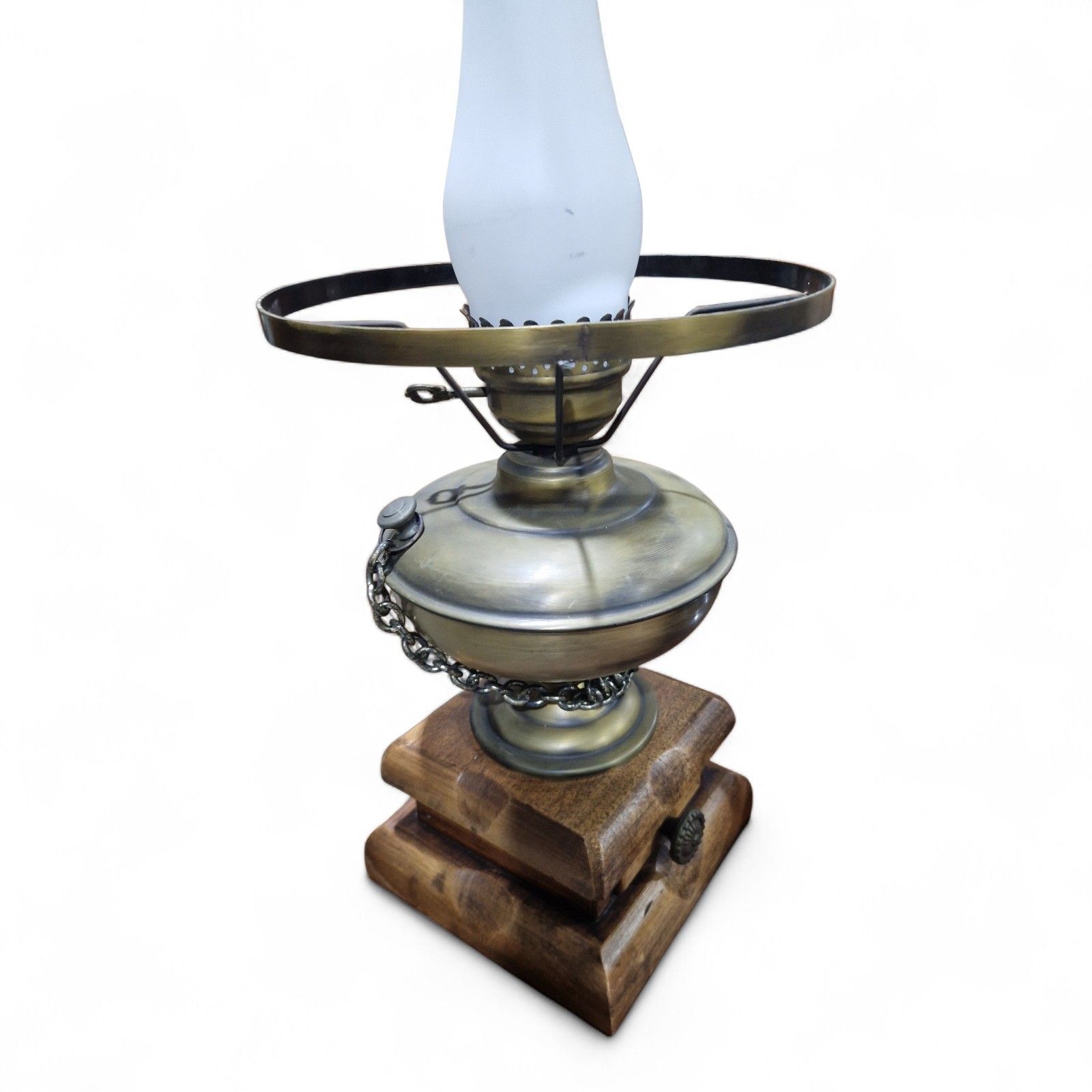 125.0 Antique Desk Light Converted Glass Chimney Oil Lamp Smoked Glass Globe photo