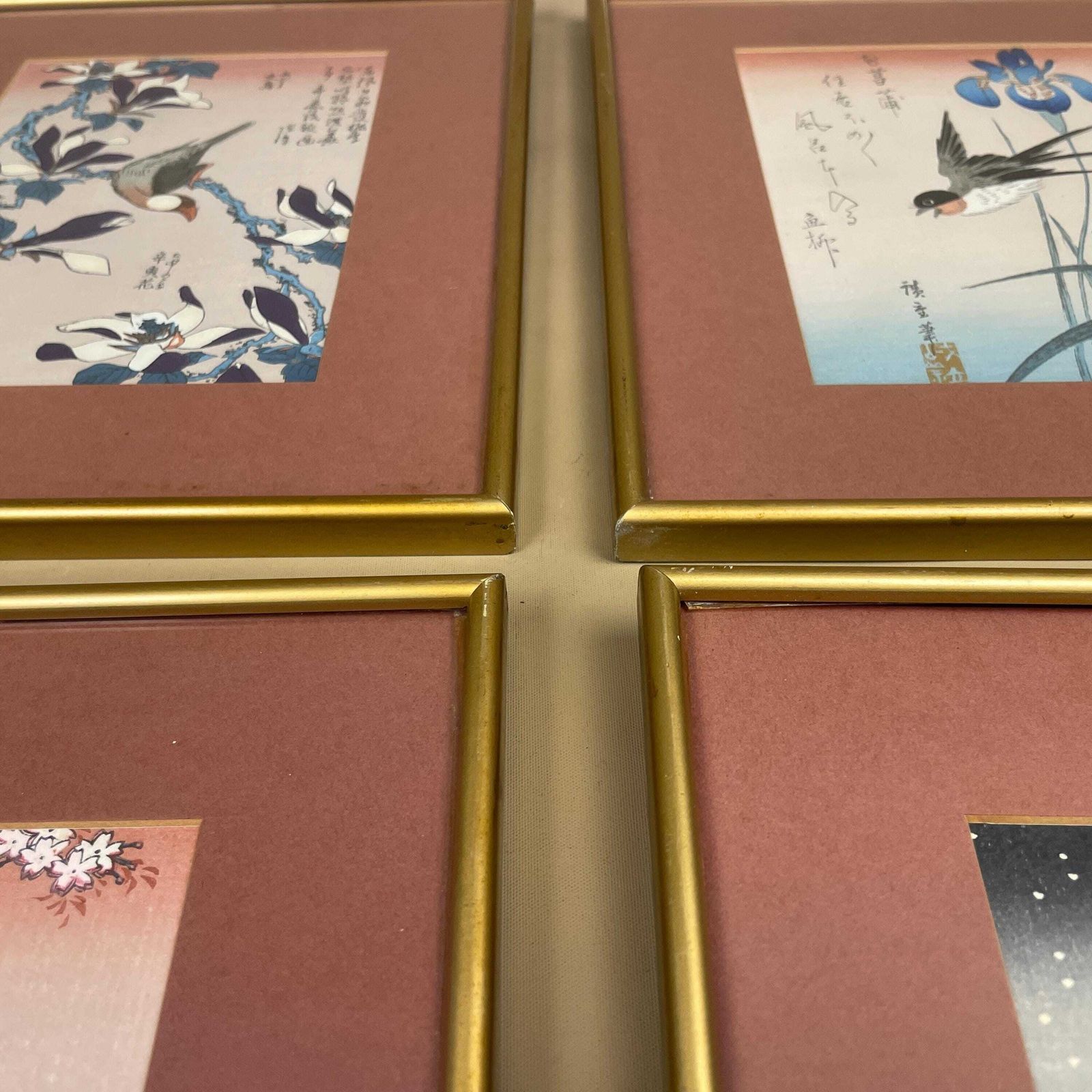 Art 4 Oriental Hand Printed Pictures Framed Vintage Birds Gold Frame Art Paper Antique Original Artwork Block / Screen Printed Japanese Japan photo